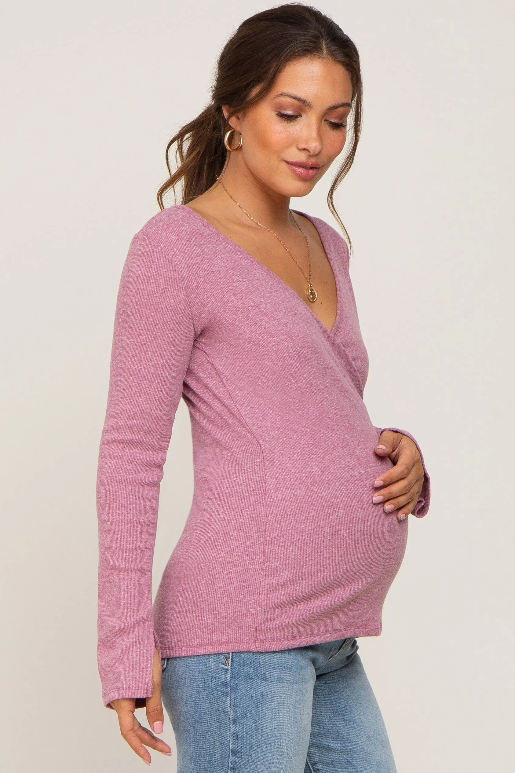 Mauve Ribbed Long Sleeve Wrap Maternity Nursing Top sold by Pinkblush product image thumbnail 2