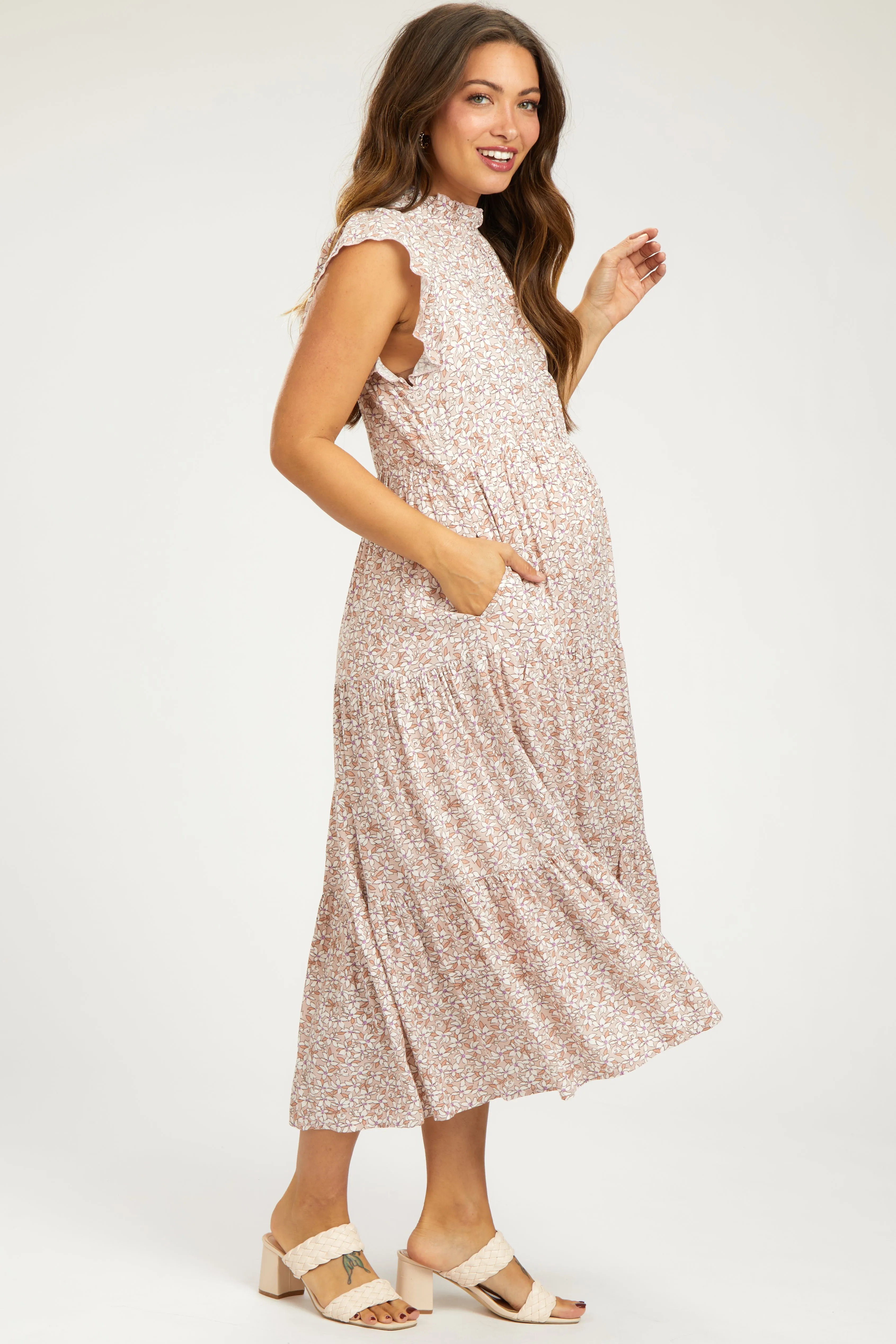 Light Mauve Floral Ruffle Mock Neck Tiered Maternity Midi Dress sold by Pinkblush product image thumbnail 3