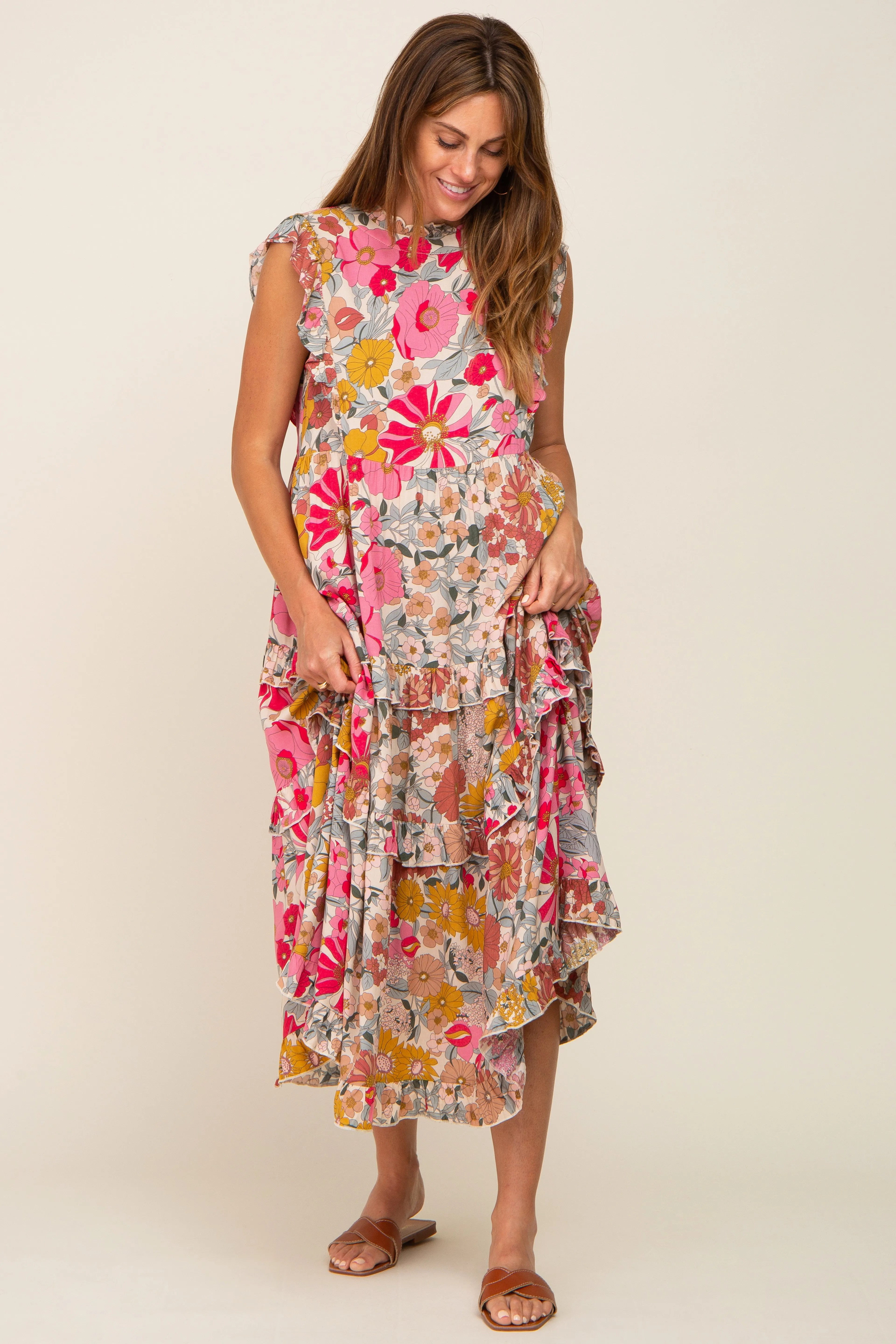Pink Retro Floral Ruffle Tiered Midi Dress sold by Pinkblush product image thumbnail 5