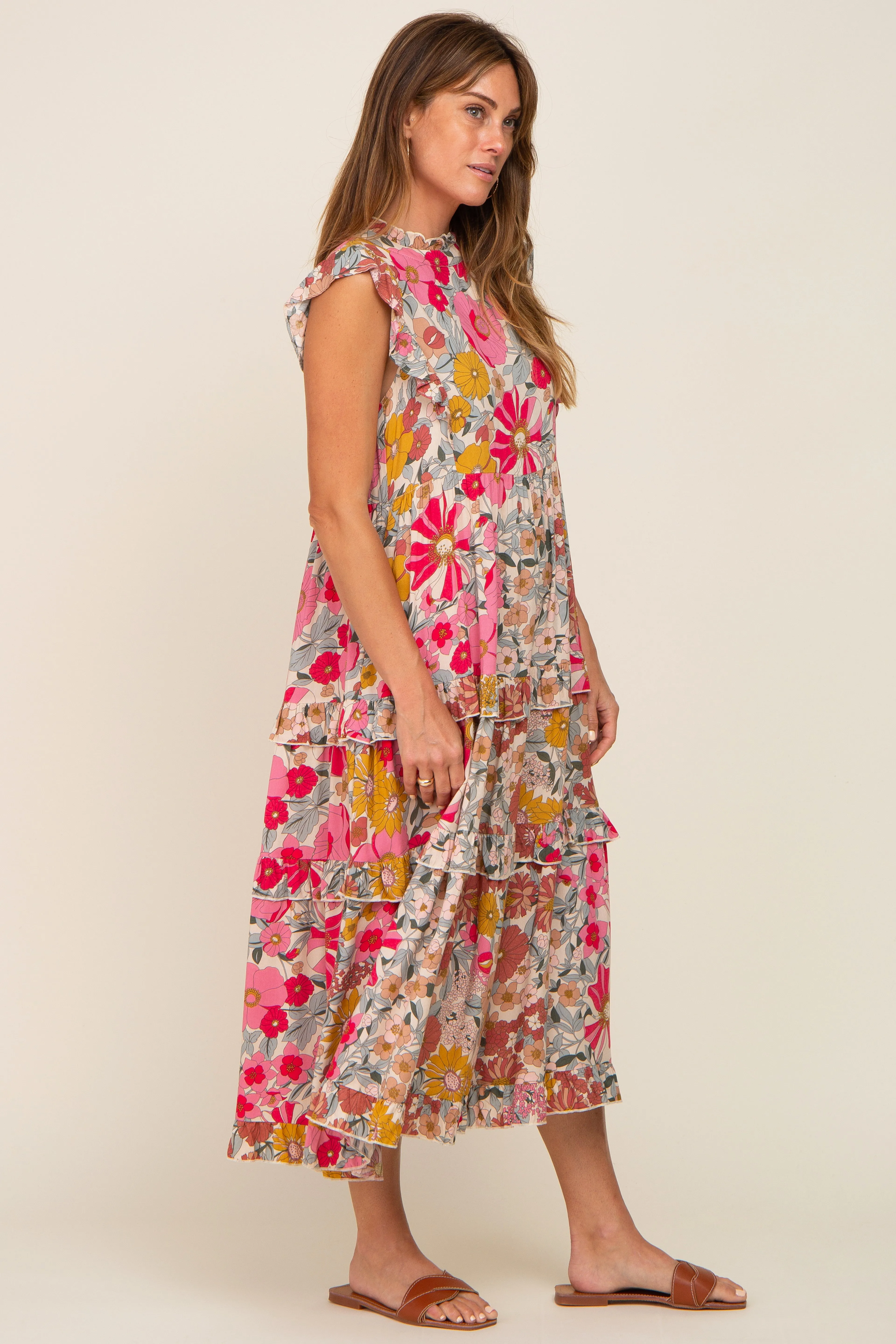 Pink Retro Floral Ruffle Tiered Midi Dress sold by Pinkblush product image thumbnail 2