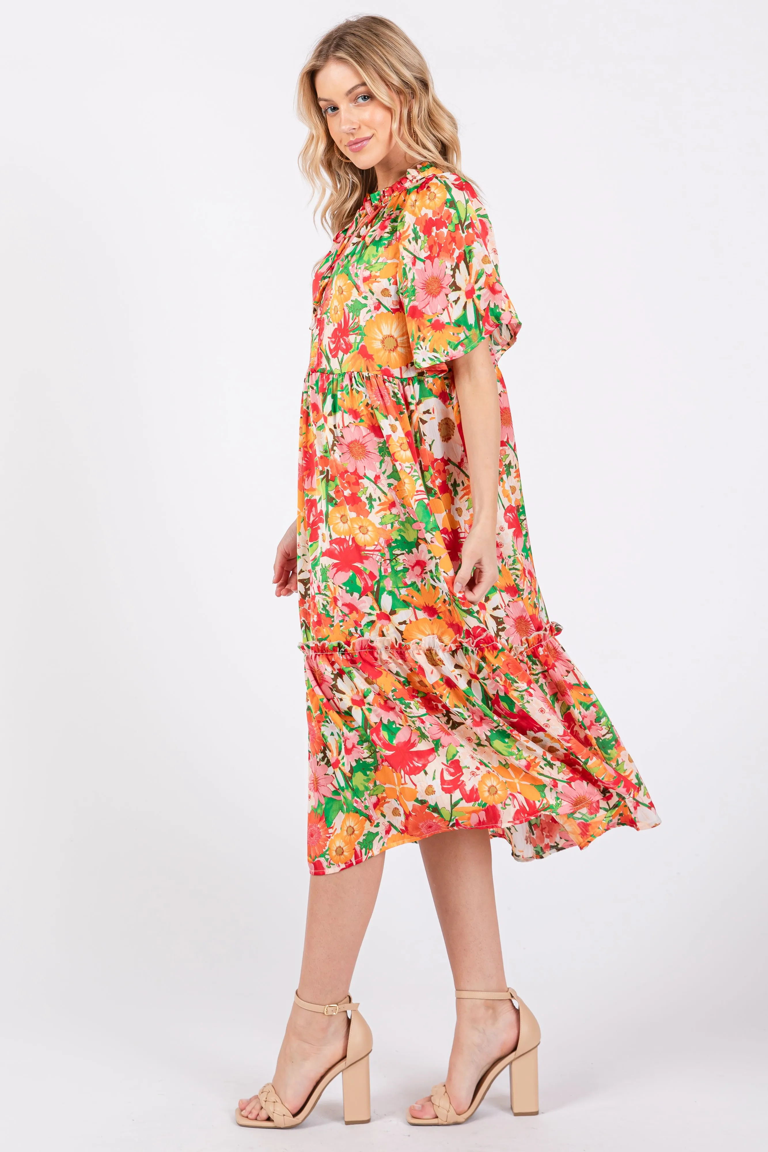 Cream Floral Satin Ruffle Short Flutter Sleeve Midi Dress sold by Pinkblush product image thumbnail 2