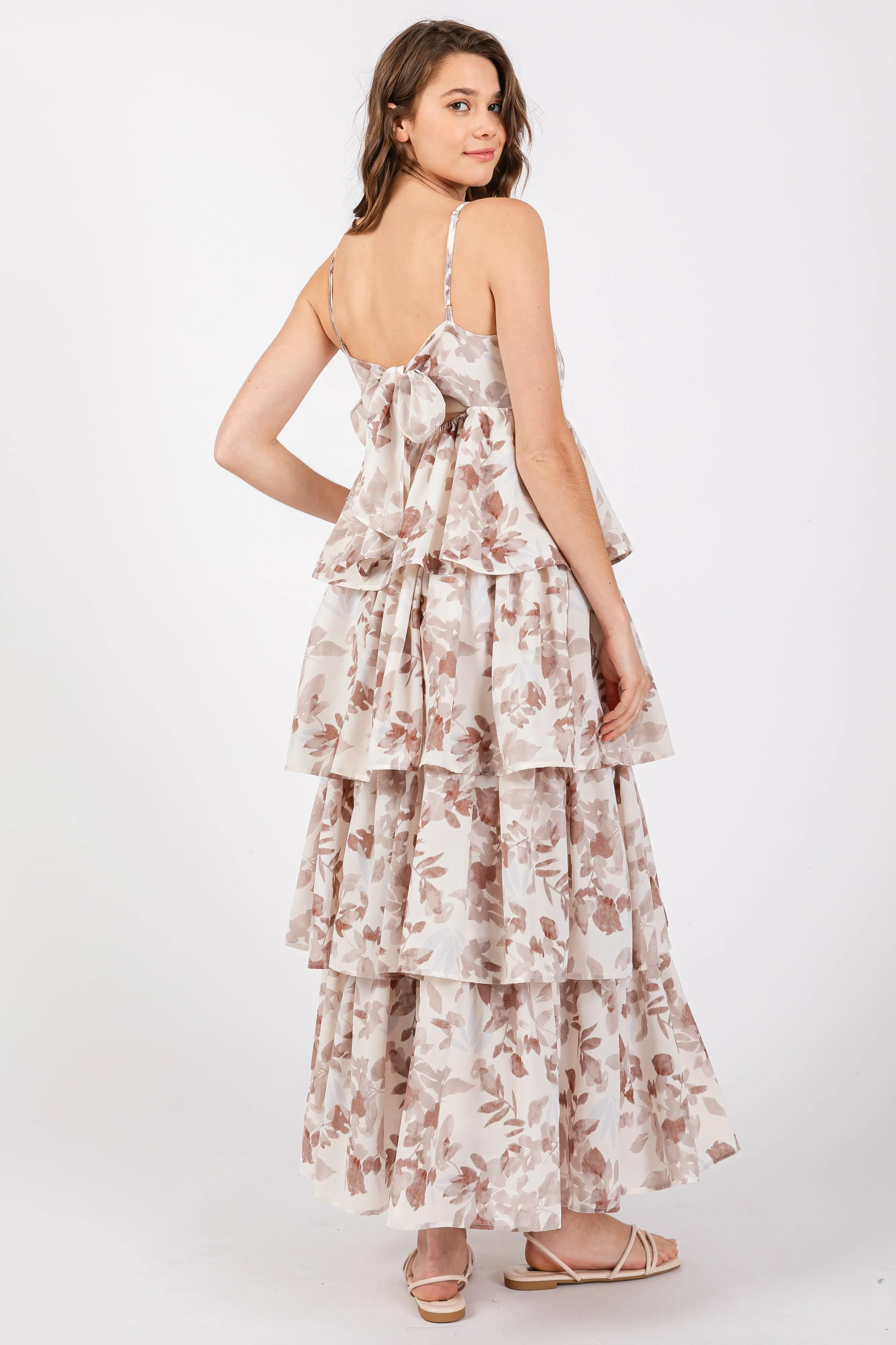 Mocha Leaf Print Square Neck Cut-Out Back Ruffle Tiered Midi Dress sold by Pinkblush product image thumbnail 2