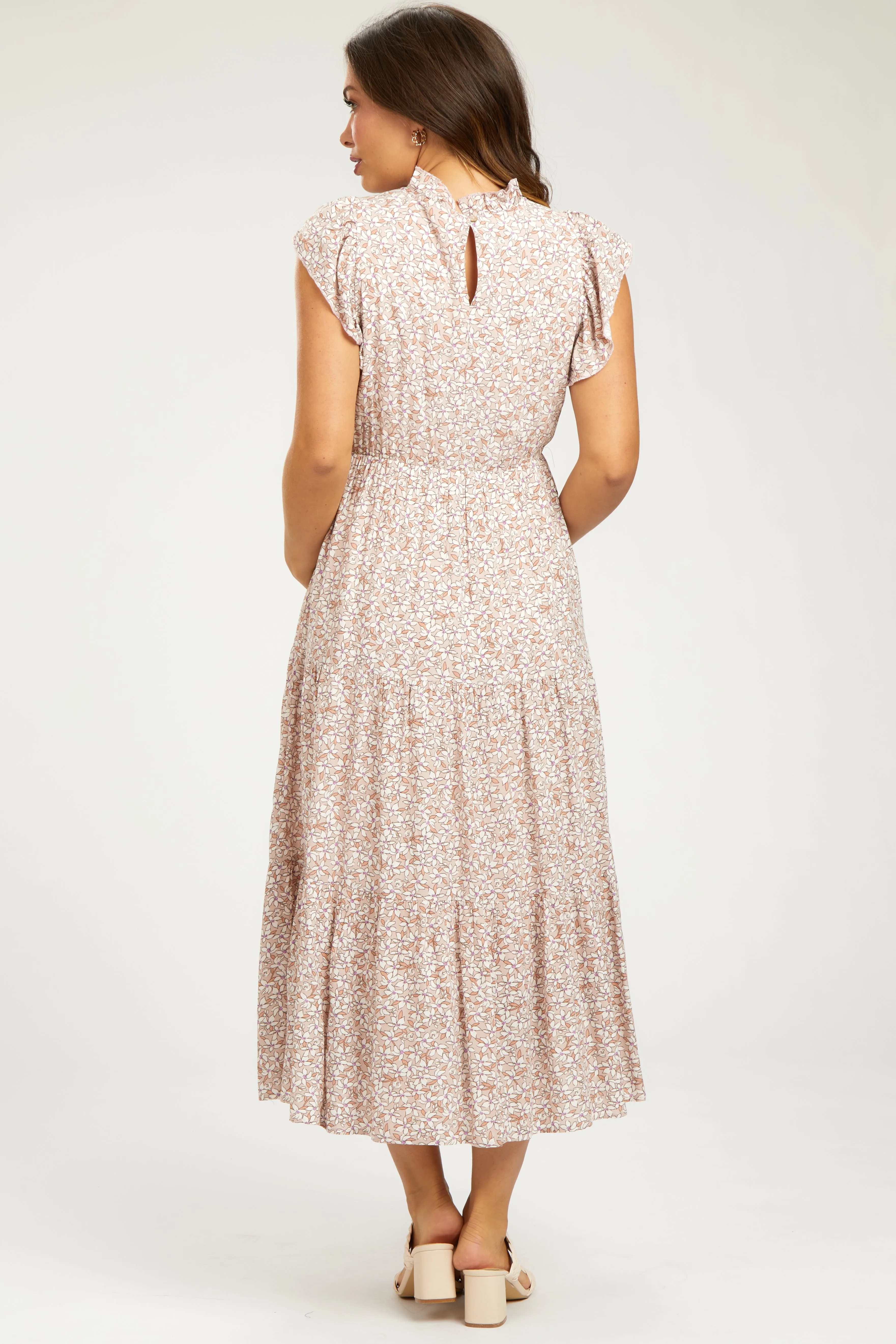 Light Mauve Floral Ruffle Mock Neck Tiered Maternity Midi Dress sold by Pinkblush product image thumbnail 4