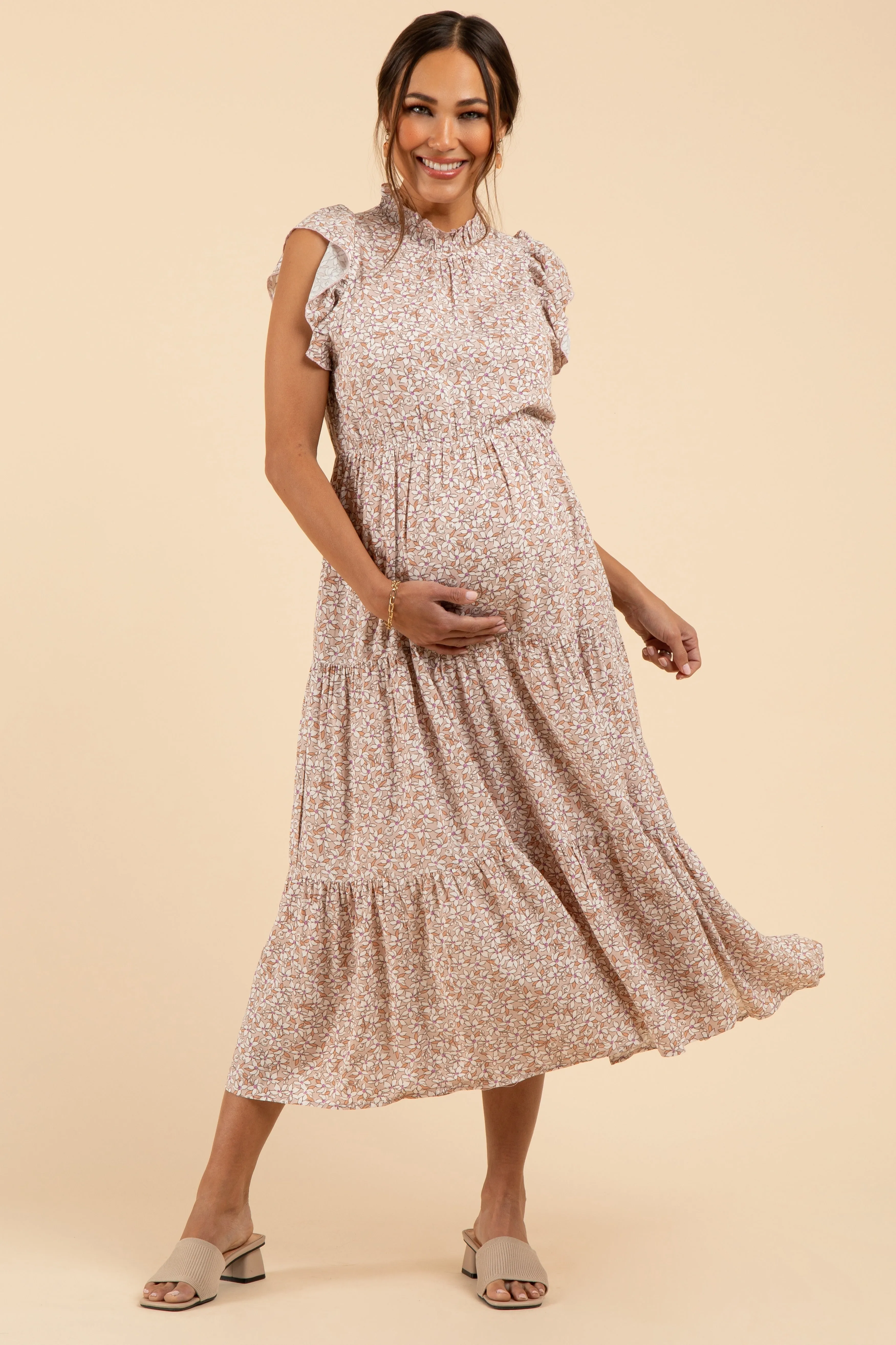 Light Mauve Floral Ruffle Mock Neck Tiered Maternity Midi Dress sold by Pinkblush