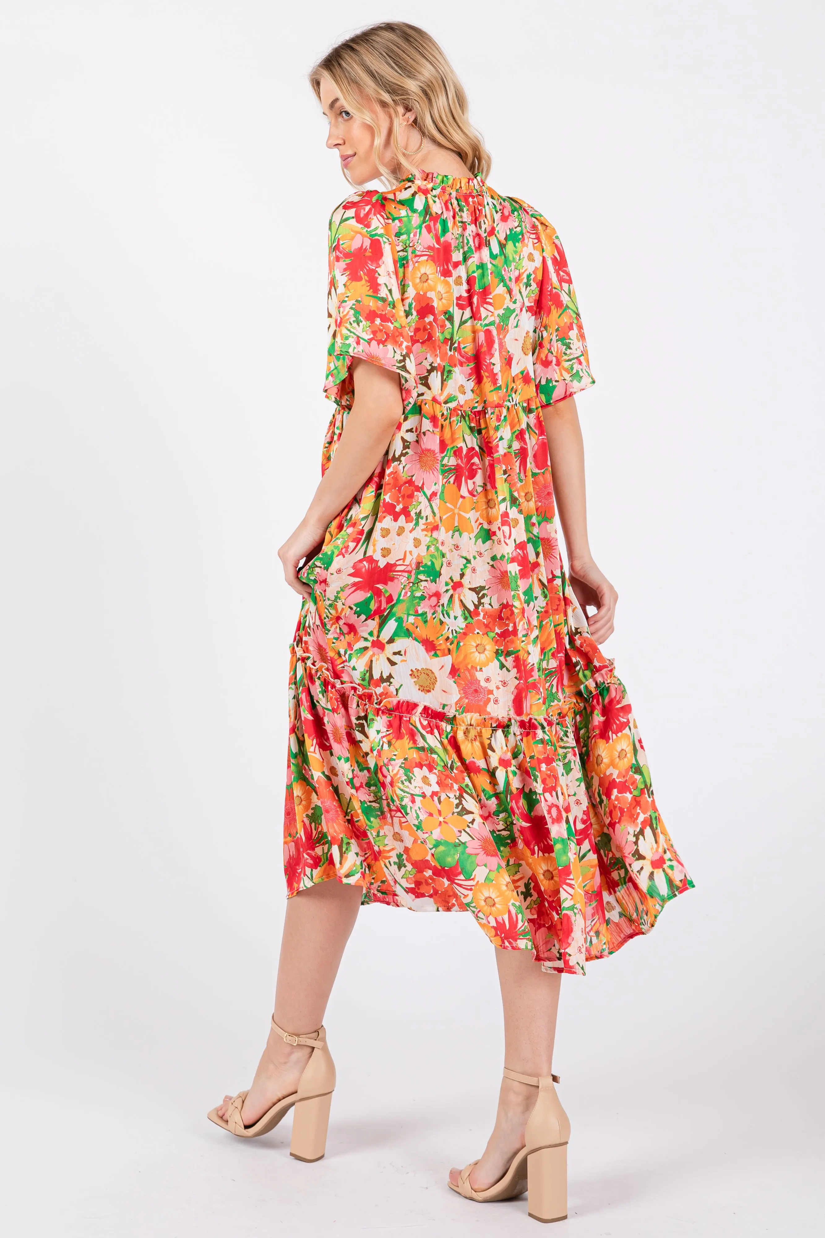 Cream Floral Satin Ruffle Short Flutter Sleeve Midi Dress sold by Pinkblush product image thumbnail 3