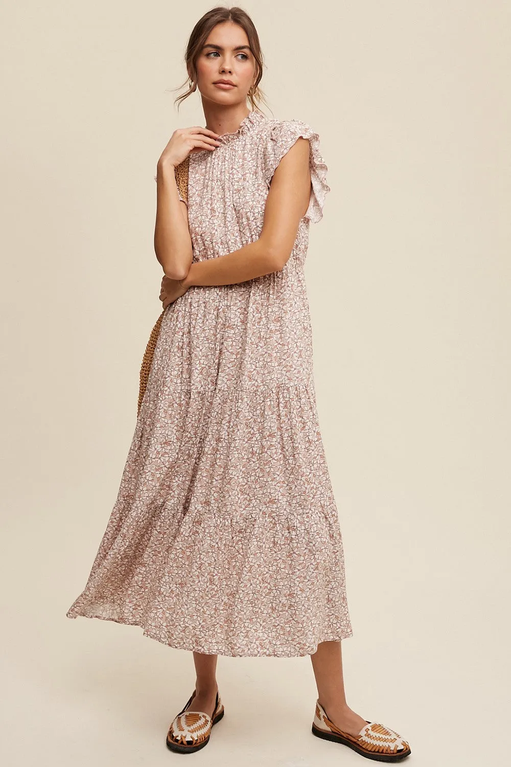 Light Mauve Floral Ruffle Mock Neck Tiered Maternity Midi Dress sold by Pinkblush product image thumbnail 5