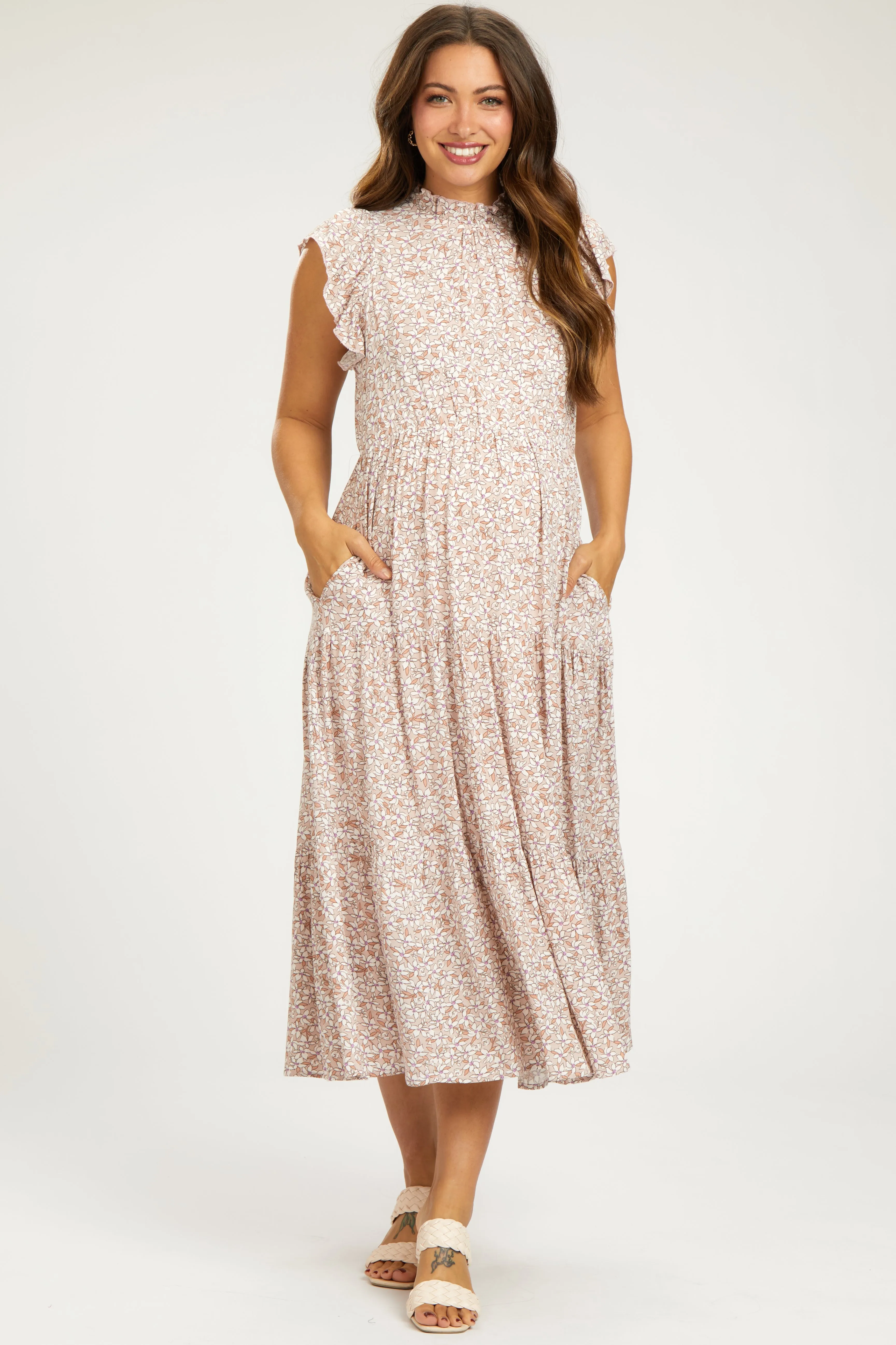 Light Mauve Floral Ruffle Mock Neck Tiered Maternity Midi Dress sold by Pinkblush product image thumbnail 2