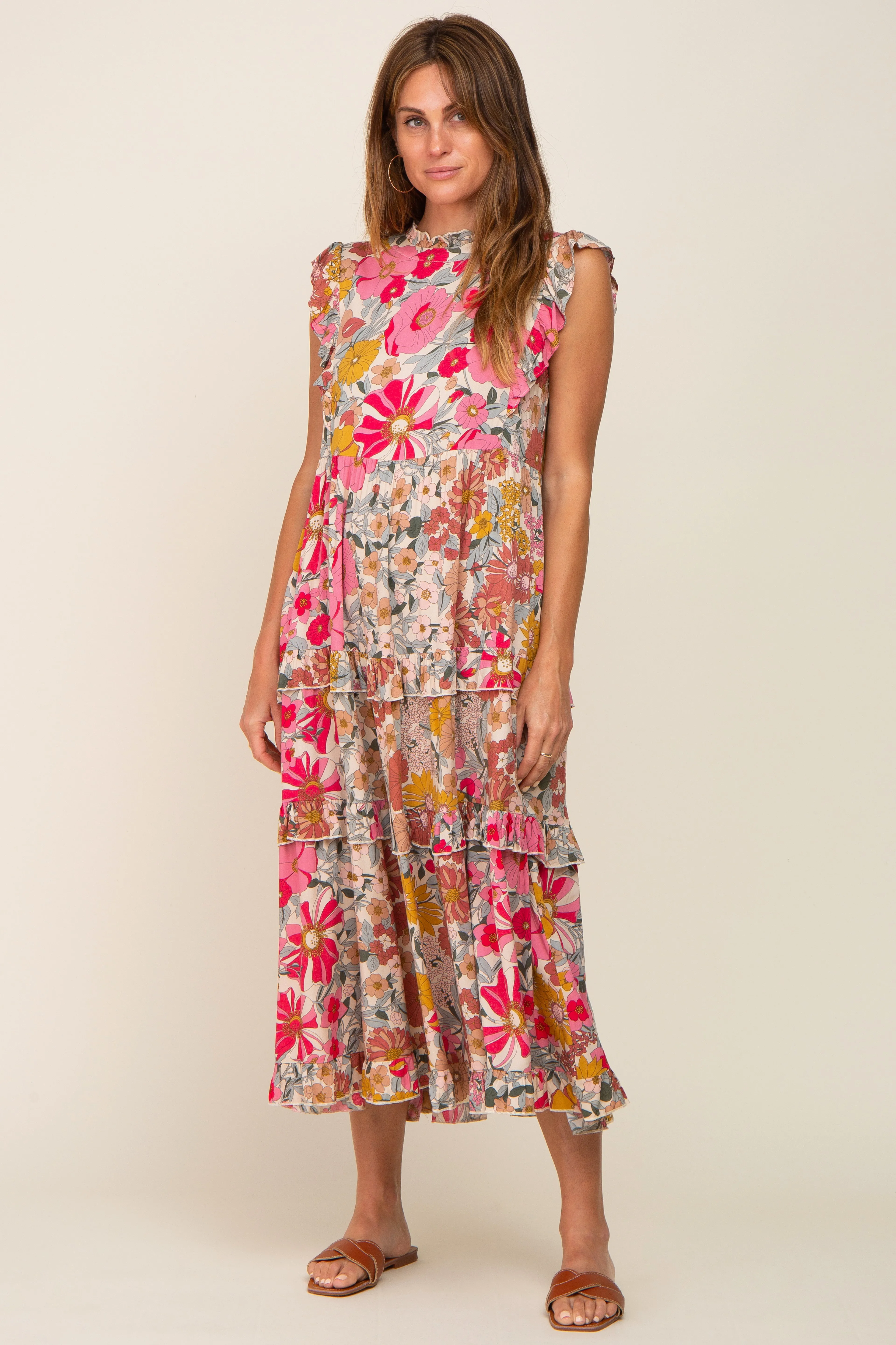 Pink Retro Floral Ruffle Tiered Midi Dress sold by Pinkblush product image thumbnail 4