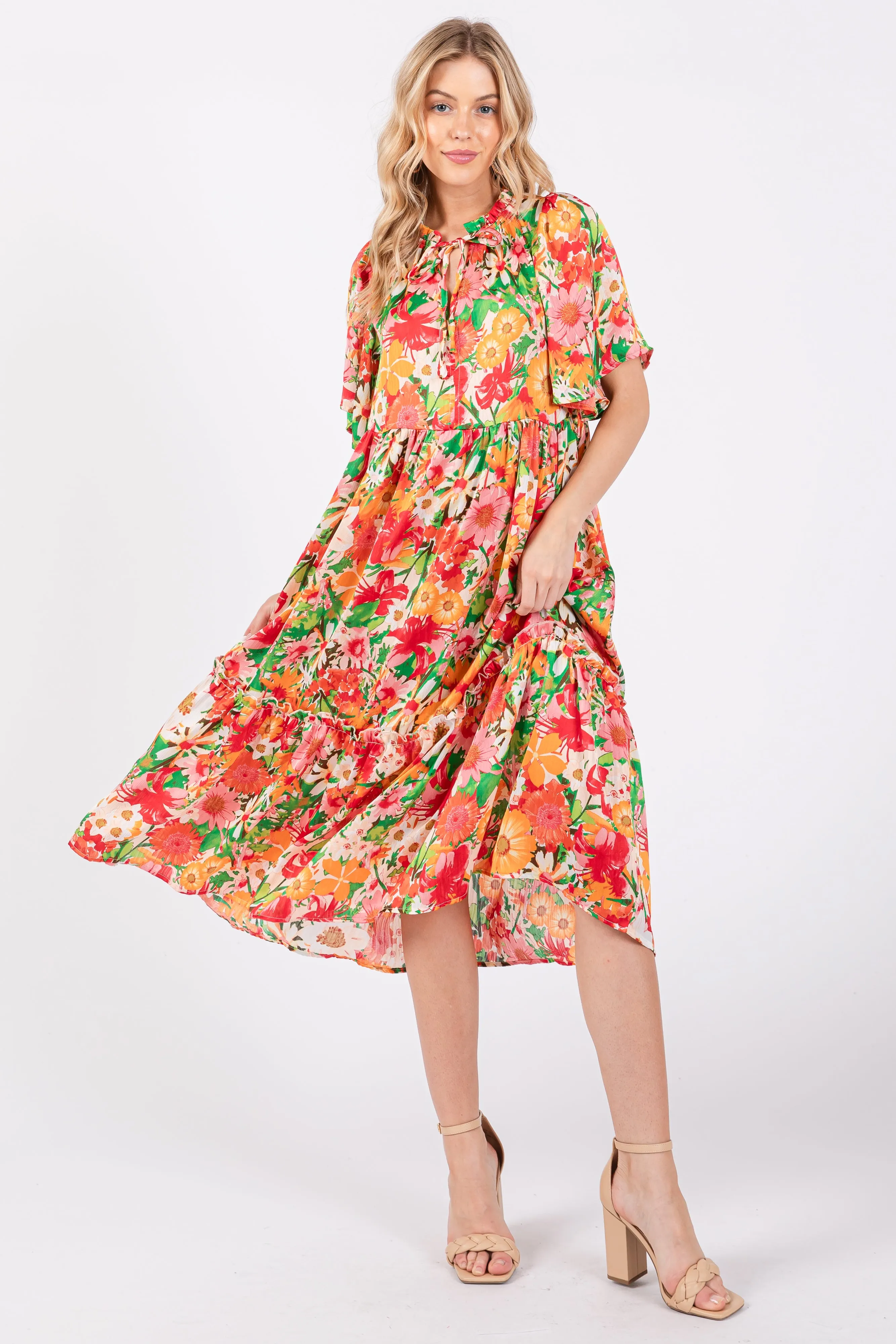 Cream Floral Satin Ruffle Short Flutter Sleeve Midi Dress sold by Pinkblush