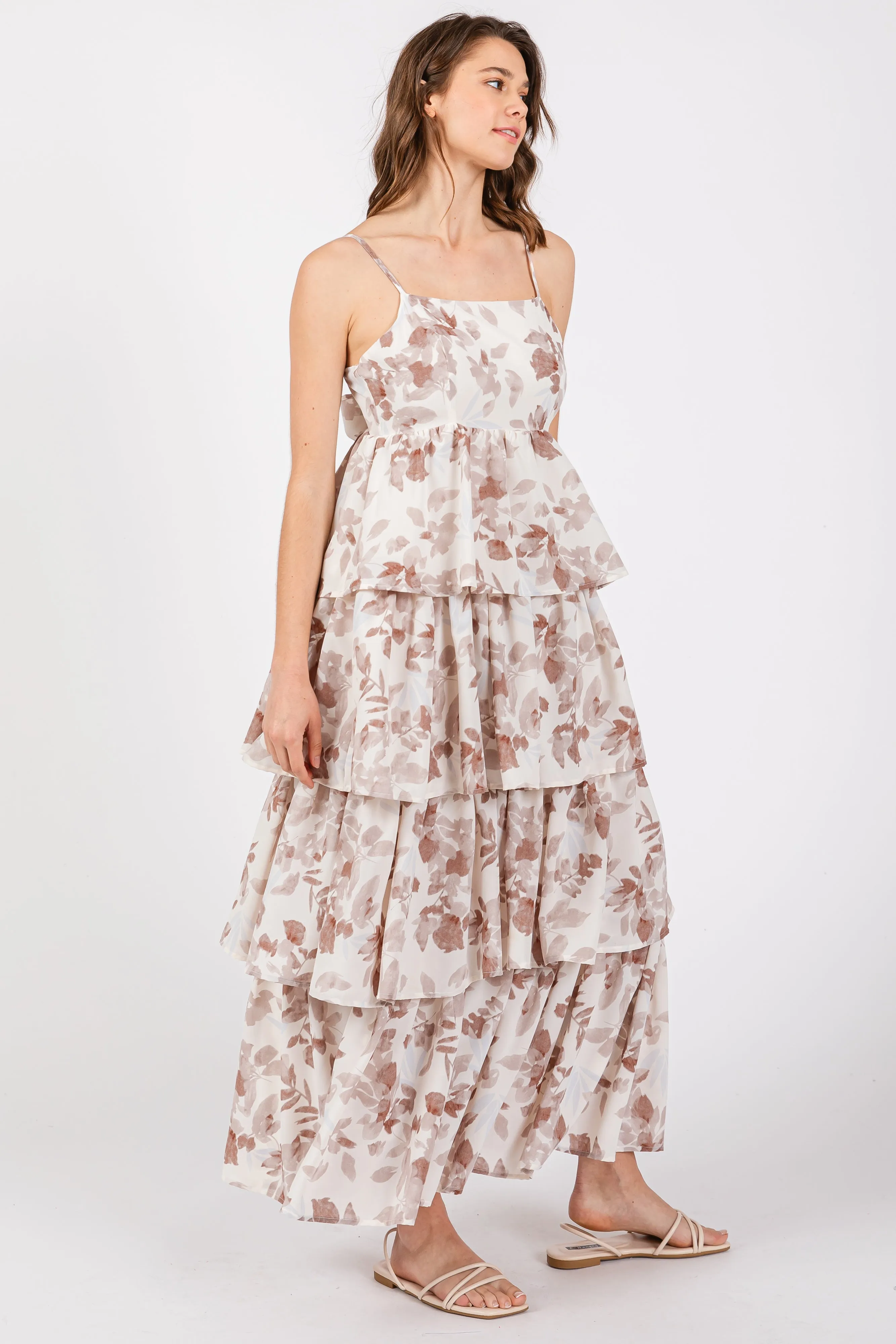 Mocha Leaf Print Square Neck Cut-Out Back Ruffle Tiered Midi Dress sold by Pinkblush