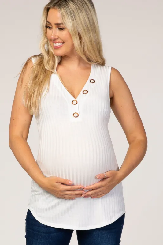 White Button Neckline Ribbed Maternity Tank sold by Pinkblush