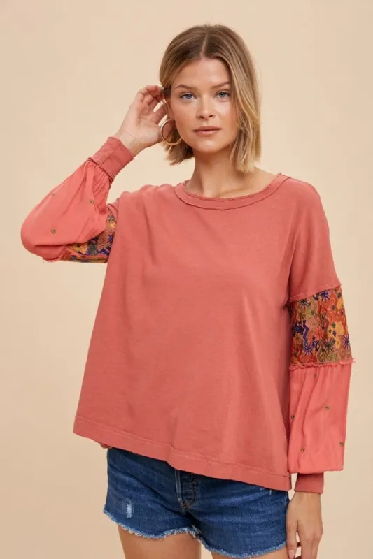 Burnt Orange Embroidered Sleeve Long Sleeve Tee sold by Pinkblush