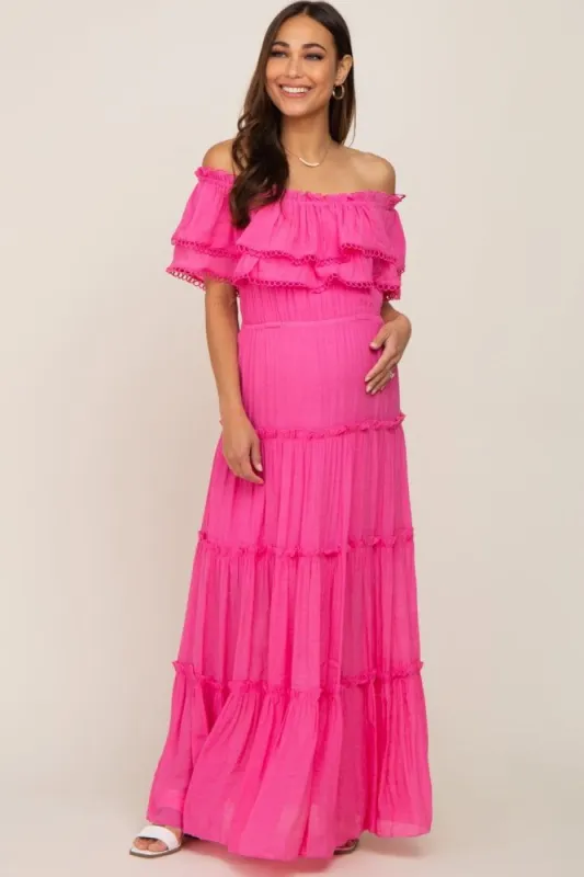 Pink Off Shoulder Eyelet Tiered Maternity Maxi Dress sold by Pinkblush