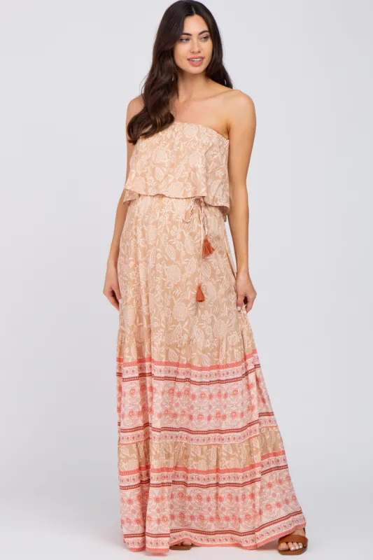 Peach Floral Ruffle Layered Strapless Maternity Maxi Dress sold by Pinkblush