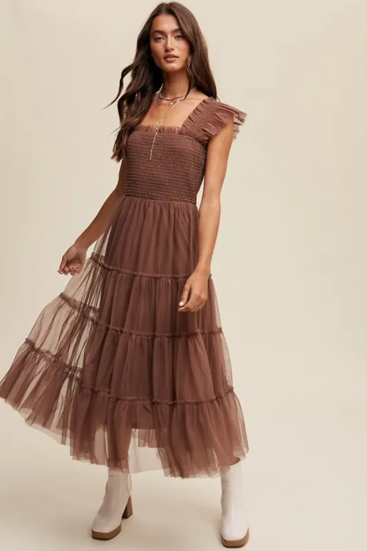 Mocha Smocked Ruffle Tiered Mesh Midi Maxi Dress sold by Pinkblush