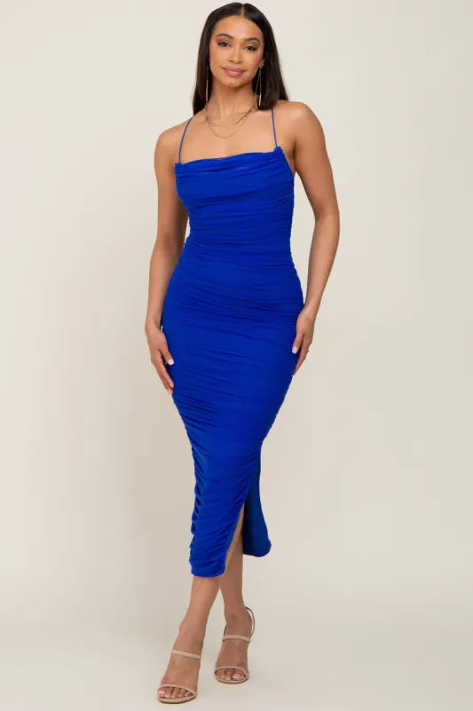 Royal Blue Mesh Ruched Side Slit Midi Dress sold by Pinkblush