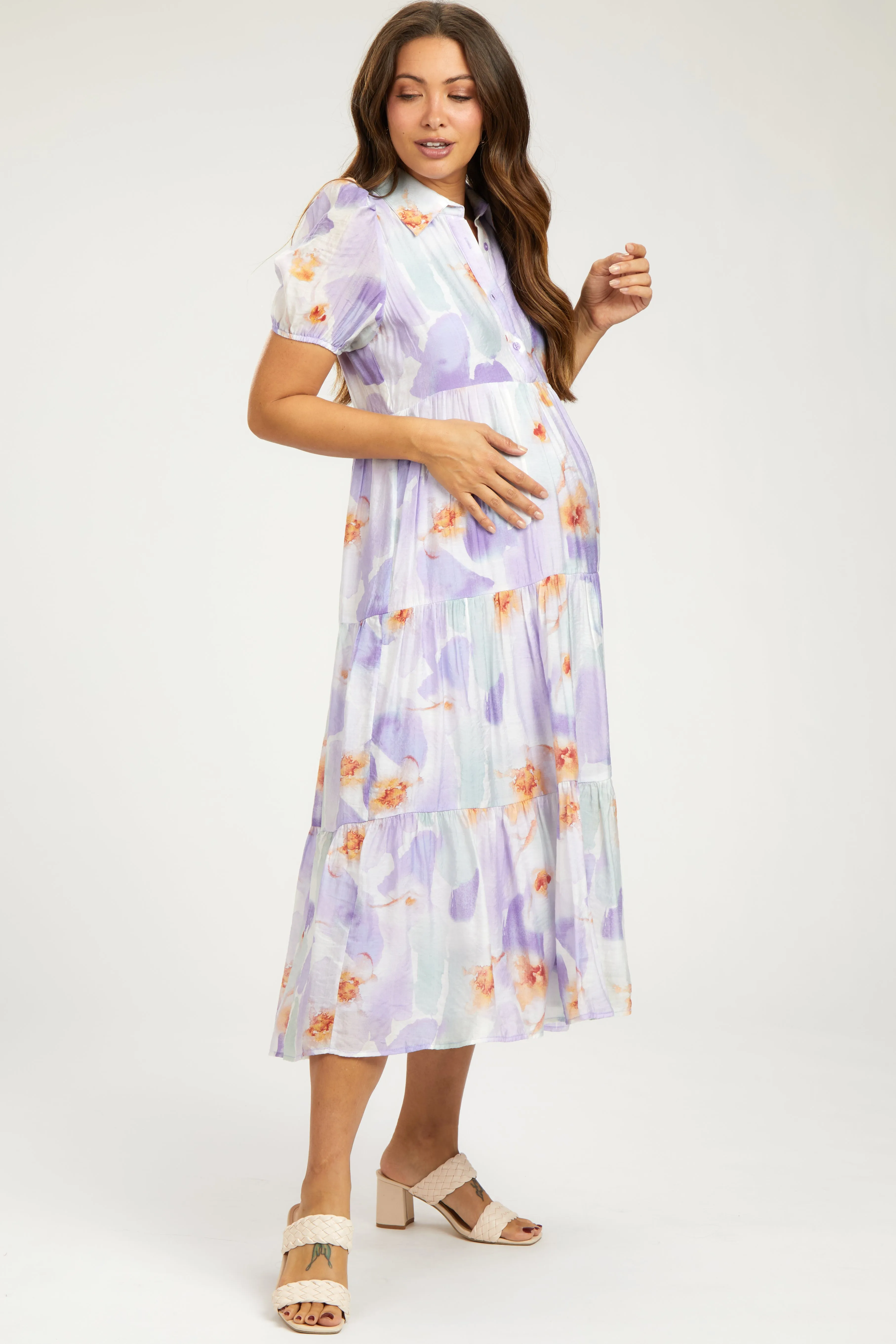 Lavender Floral Button Front Short Sleeve Tiered Maternity Midi Dress sold by Pinkblush product image thumbnail 3