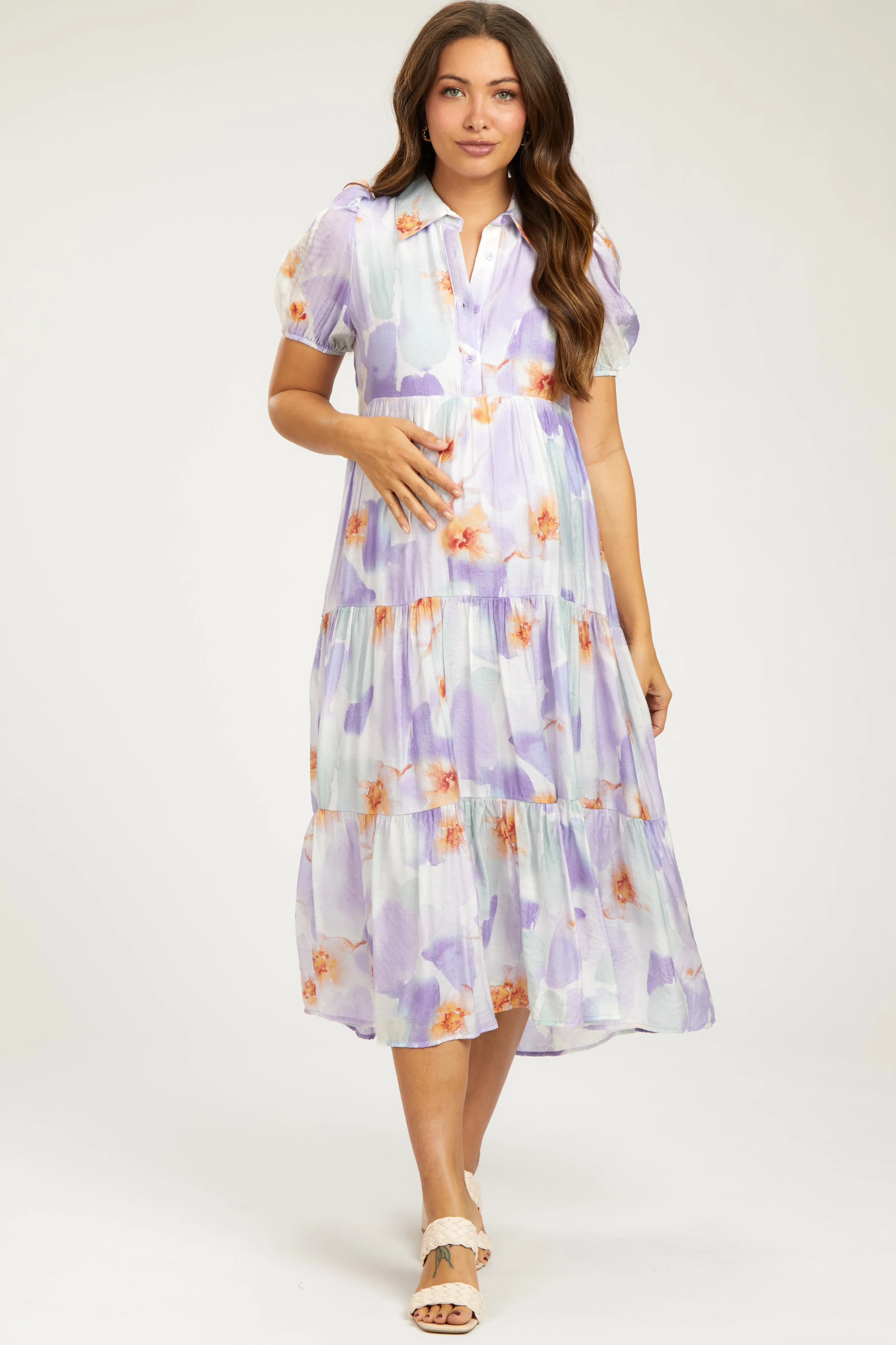 Lavender Floral Button Front Short Sleeve Tiered Maternity Midi Dress sold by Pinkblush