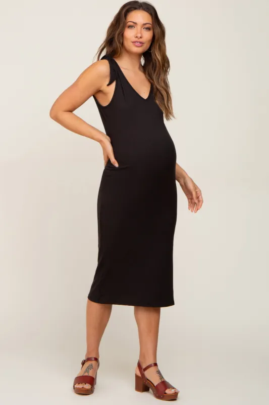 Black Ribbed Shoulder Tie Maternity Midi Dress sold by Pinkblush