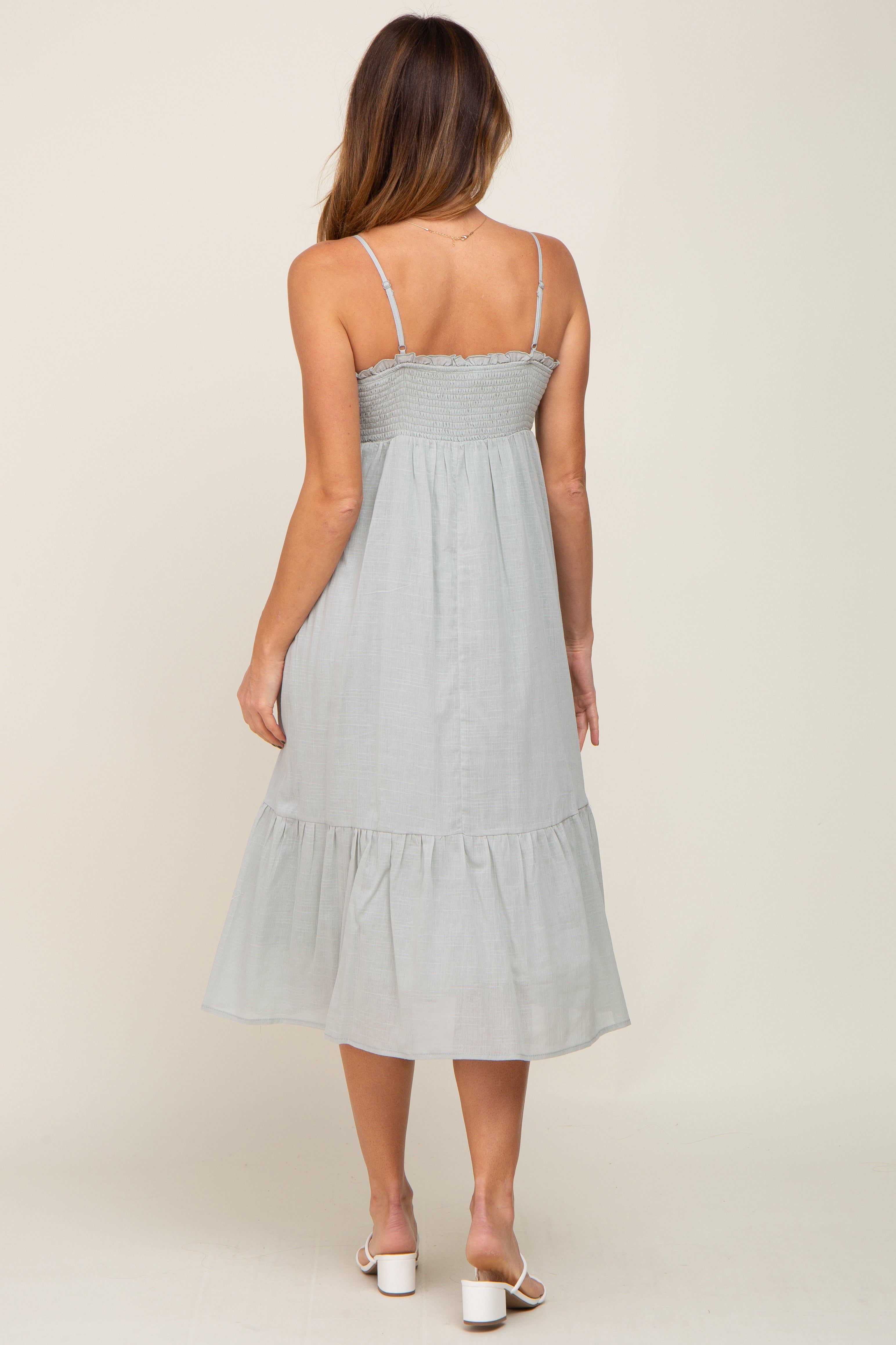 Light Olive Smocked Sleeveless Linen Midi Dress sold by Pinkblush product image thumbnail 3