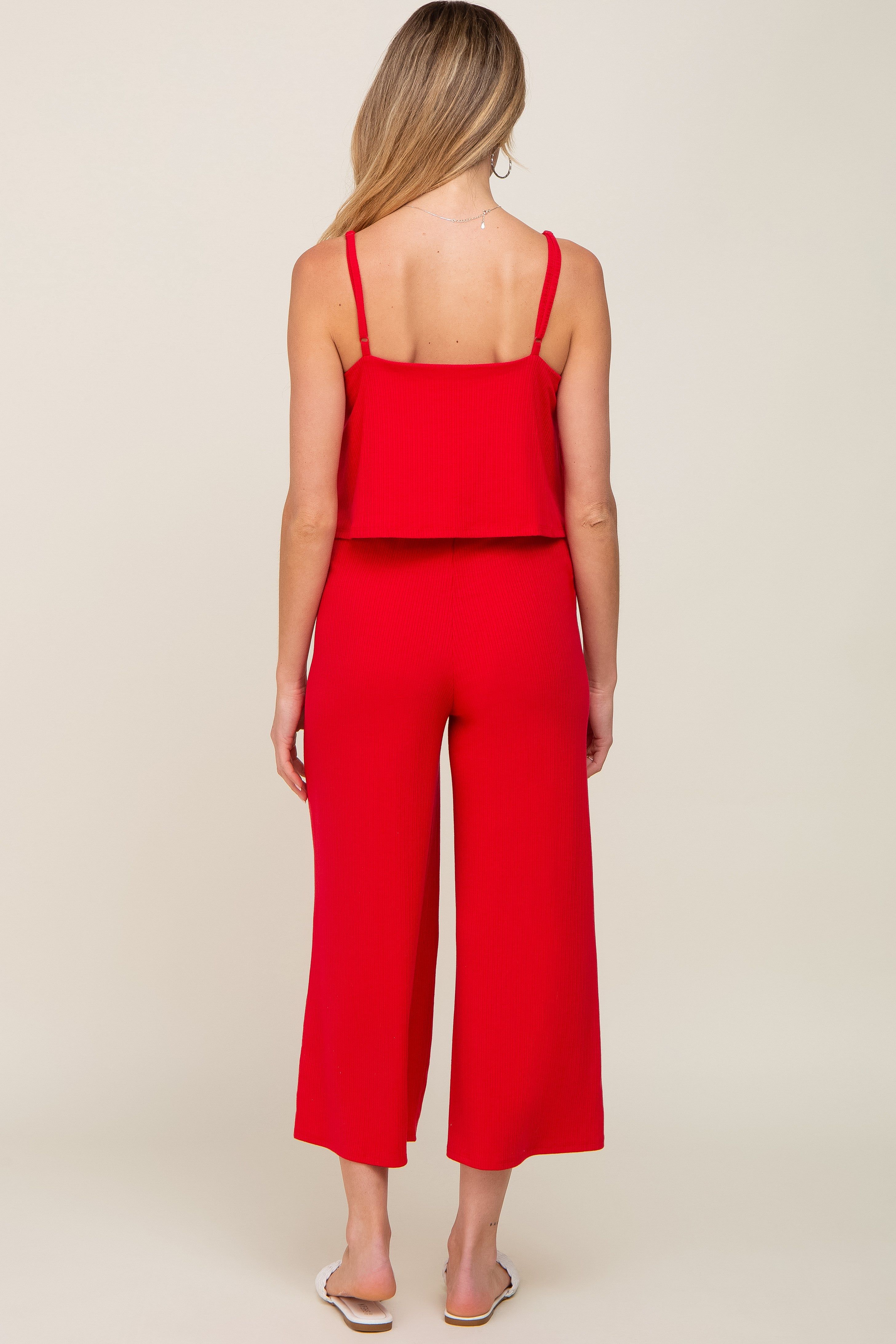 Red Ribbed Double Layer Cropped Maternity Jumpsuit sold by Pinkblush product image thumbnail 4