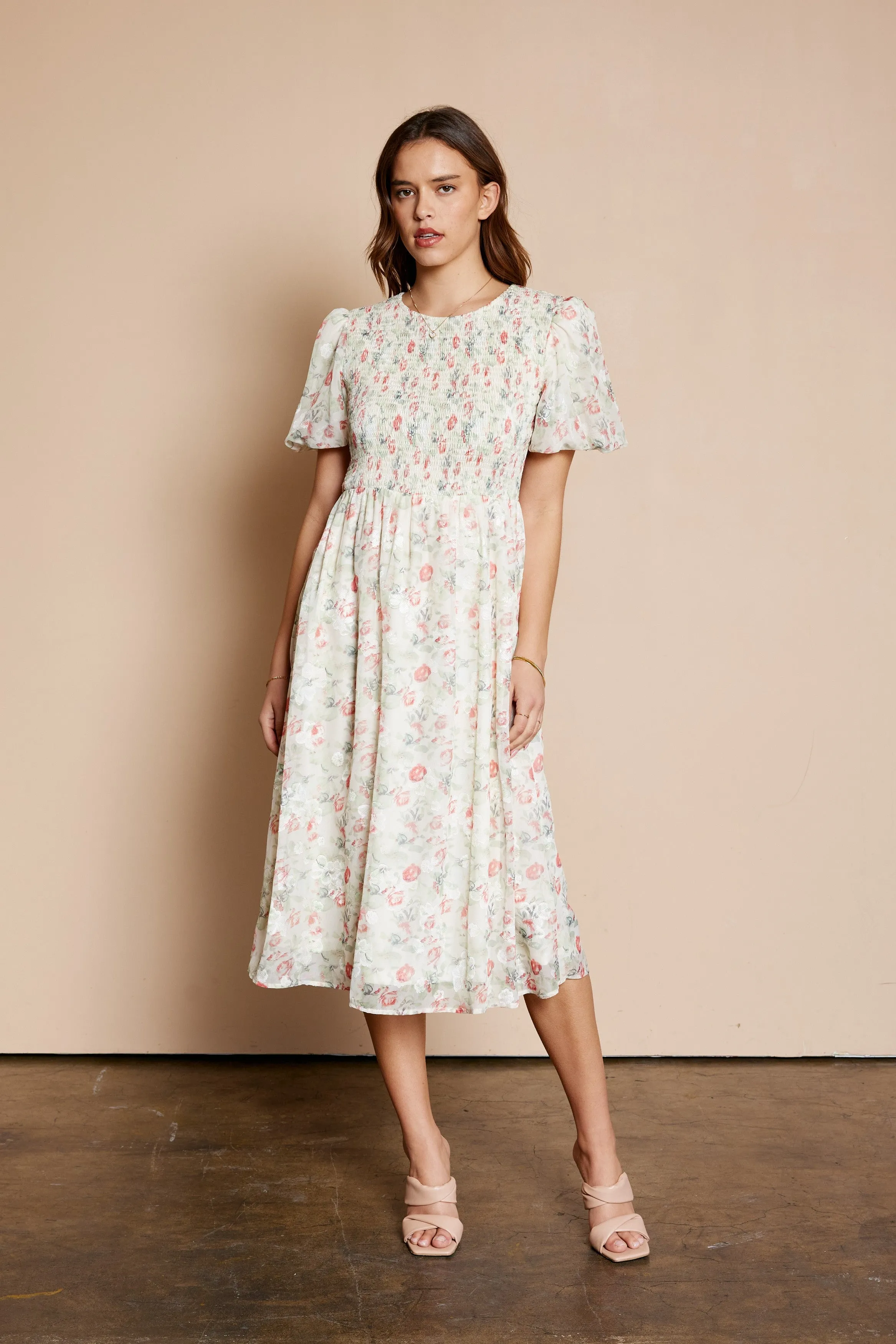Cream Floral Smocked Puff Sleeve Midi Dress sold by Pinkblush