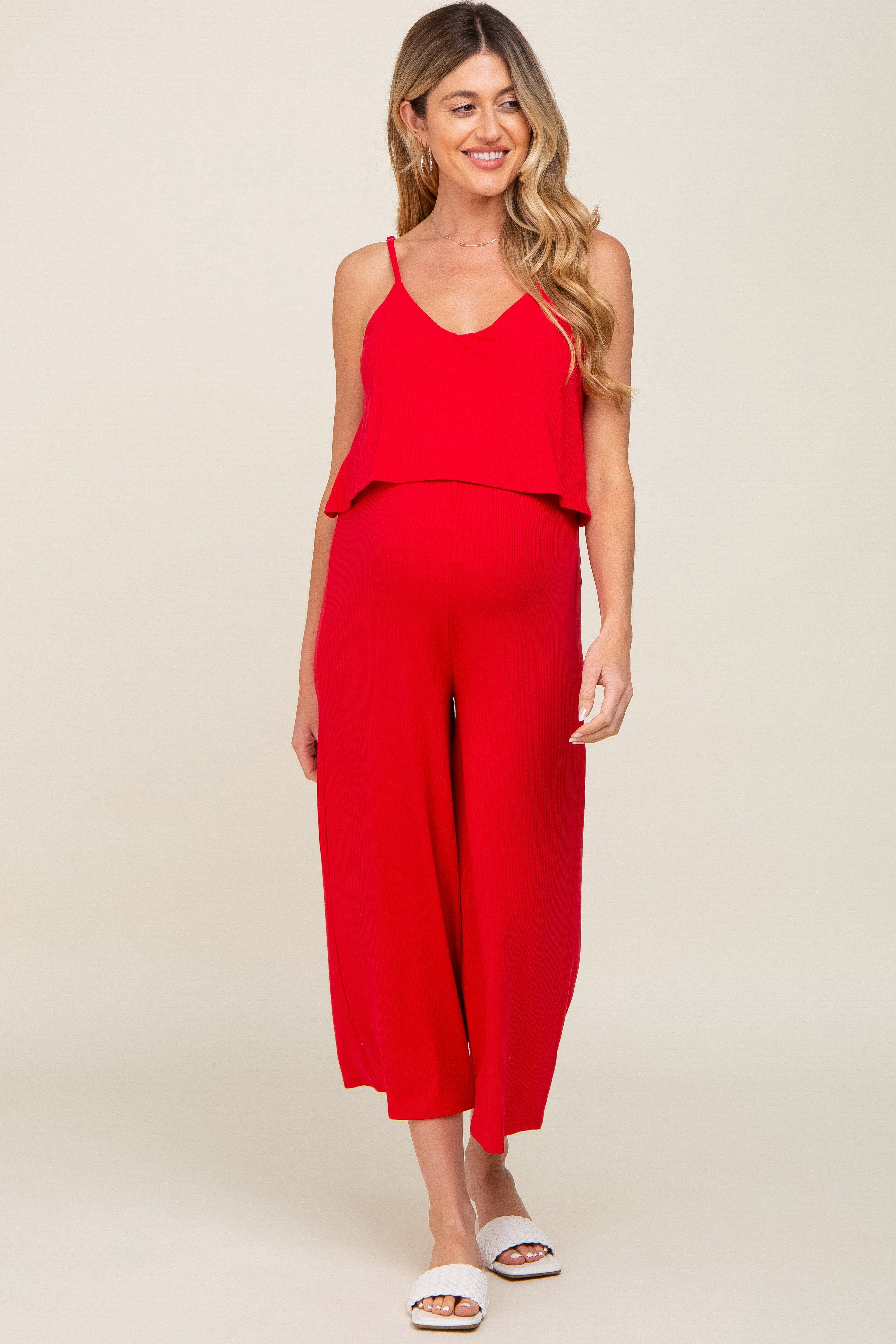 Red Ribbed Double Layer Cropped Maternity Jumpsuit sold by Pinkblush product image thumbnail 2