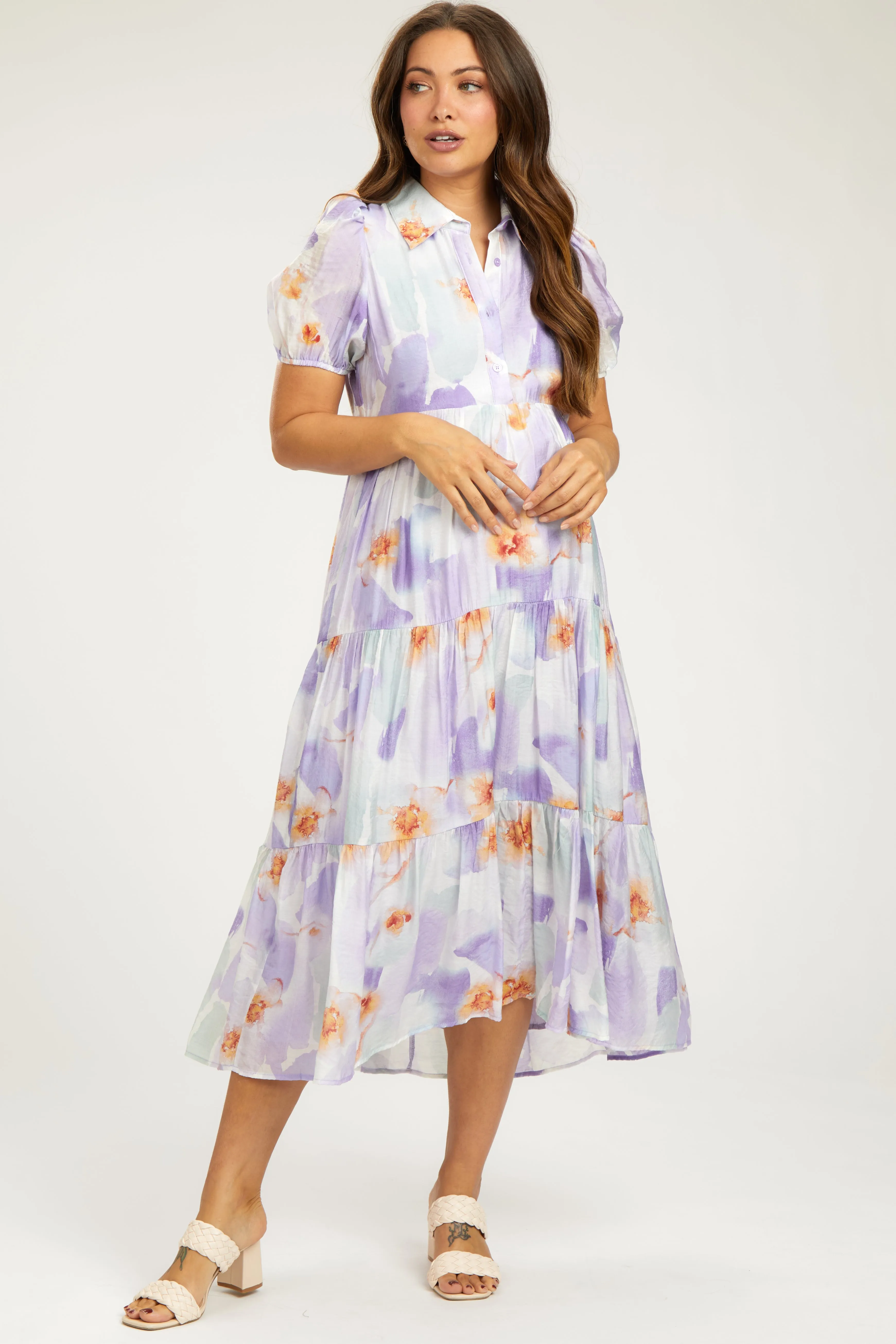 Lavender Floral Button Front Short Sleeve Tiered Maternity Midi Dress sold by Pinkblush product image thumbnail 2