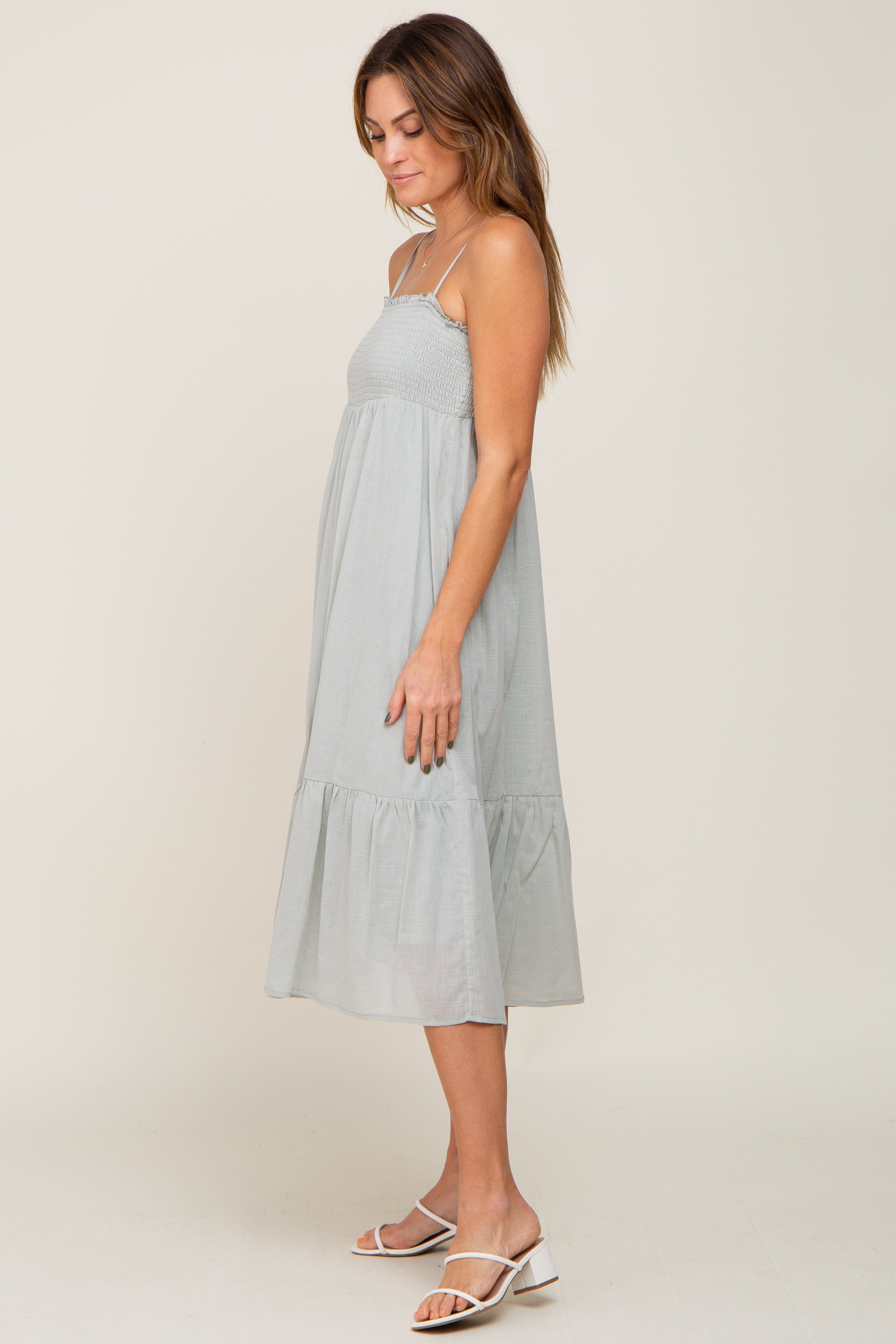 Light Olive Smocked Sleeveless Linen Midi Dress sold by Pinkblush product image thumbnail 2