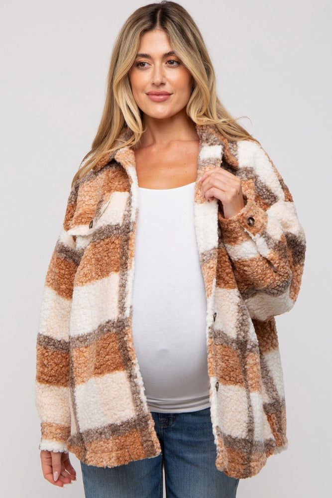 Taupe Textured Plaid Maternity Jacket sold by Pinkblush