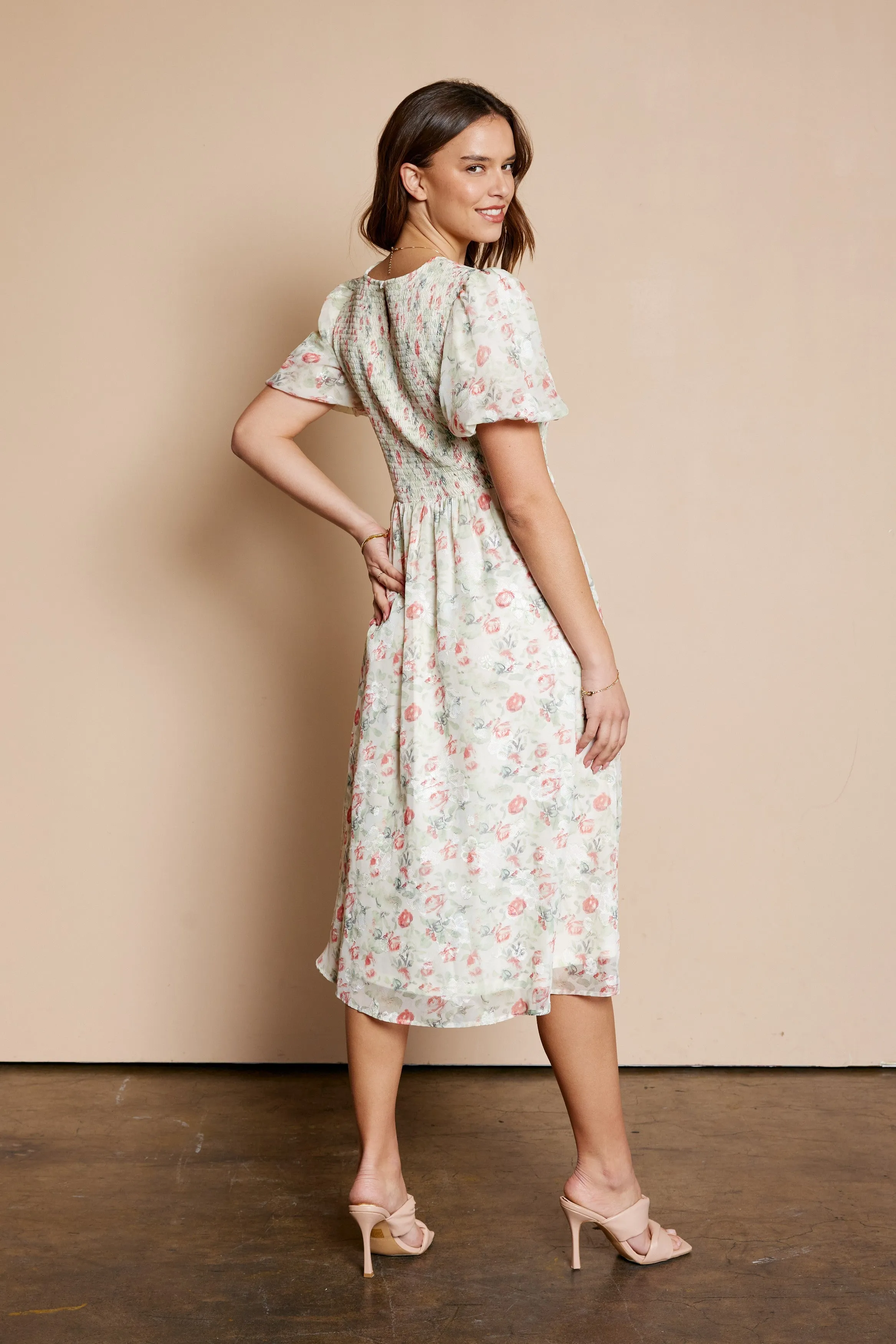 Cream Floral Smocked Puff Sleeve Midi Dress sold by Pinkblush product image thumbnail 3