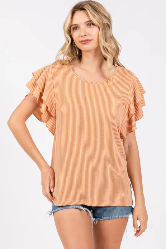 Camel Ruffle Sleeve Ribbed Top sold by Pinkblush