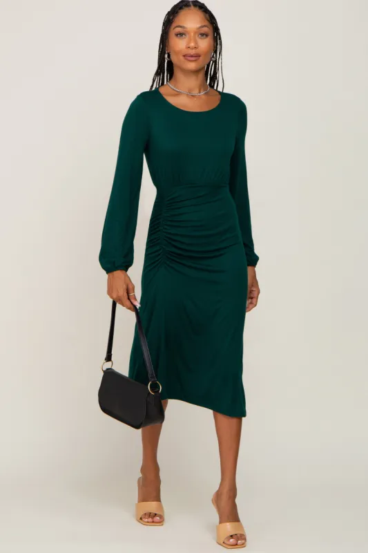 Hunter Green Long Sleeve Ruched Midi Dress sold by Pinkblush