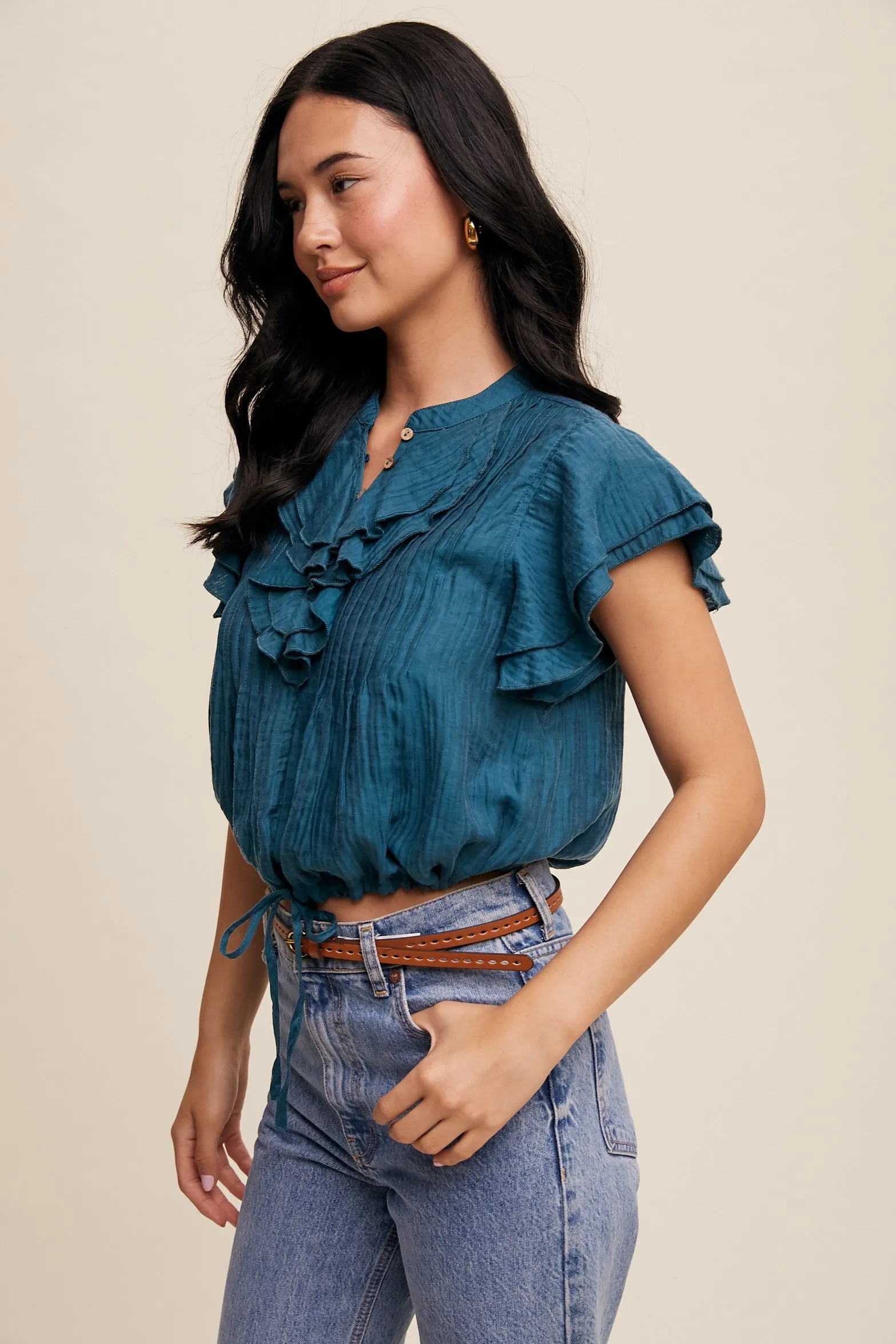 Teal Ruffled Button Front Tie Waist Blouse Top sold by Pinkblush product image thumbnail 4