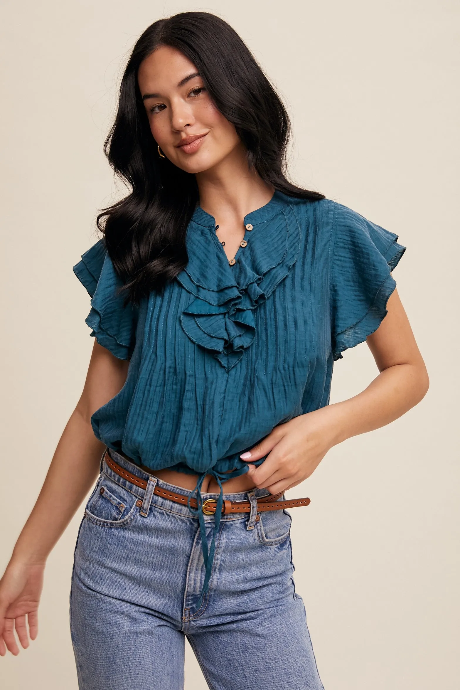 Teal Ruffled Button Front Tie Waist Blouse Top sold by Pinkblush