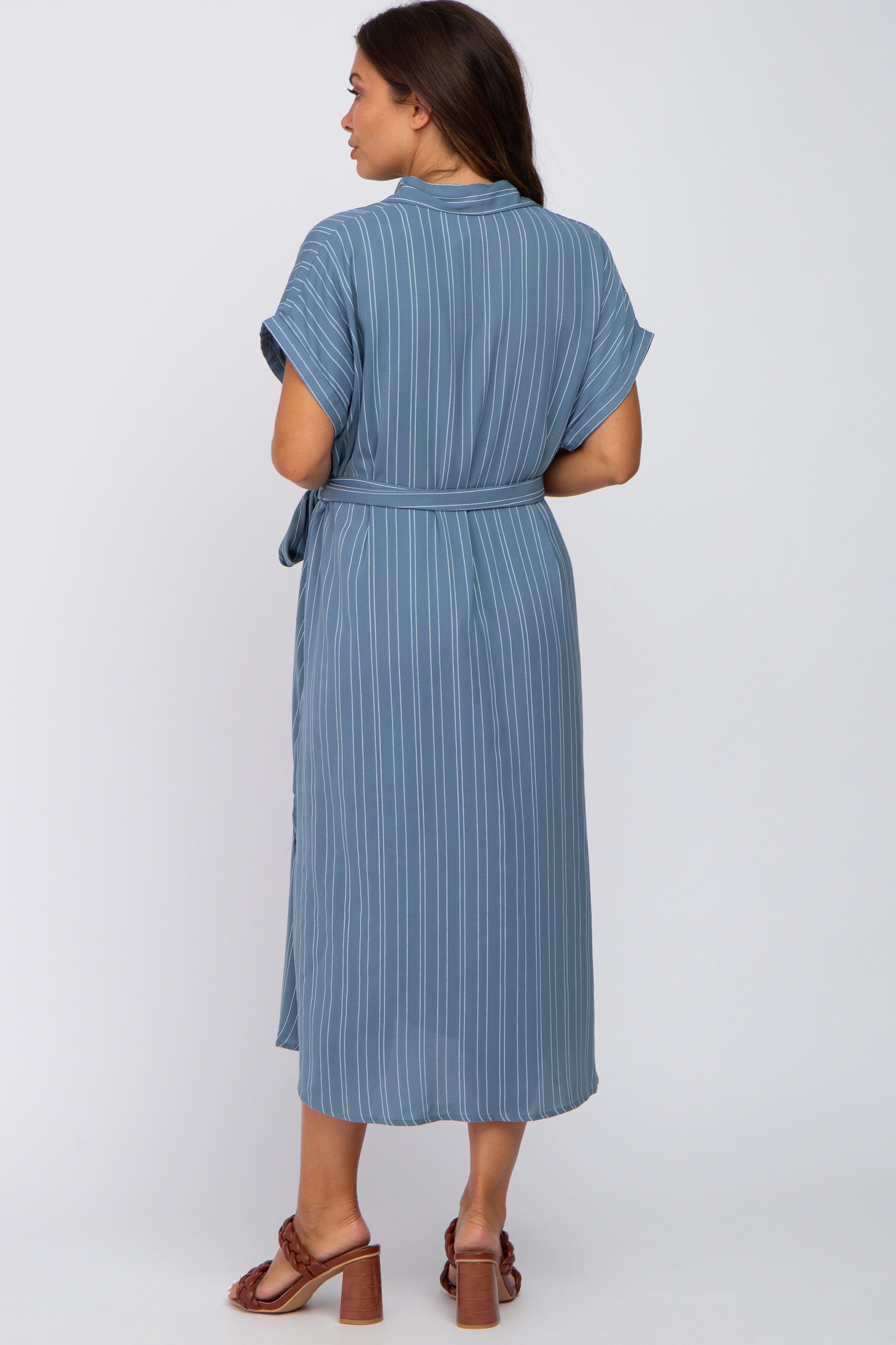Navy Striped Button Down Waist Tie Maternity Midi Dress sold by Pinkblush product image thumbnail 3