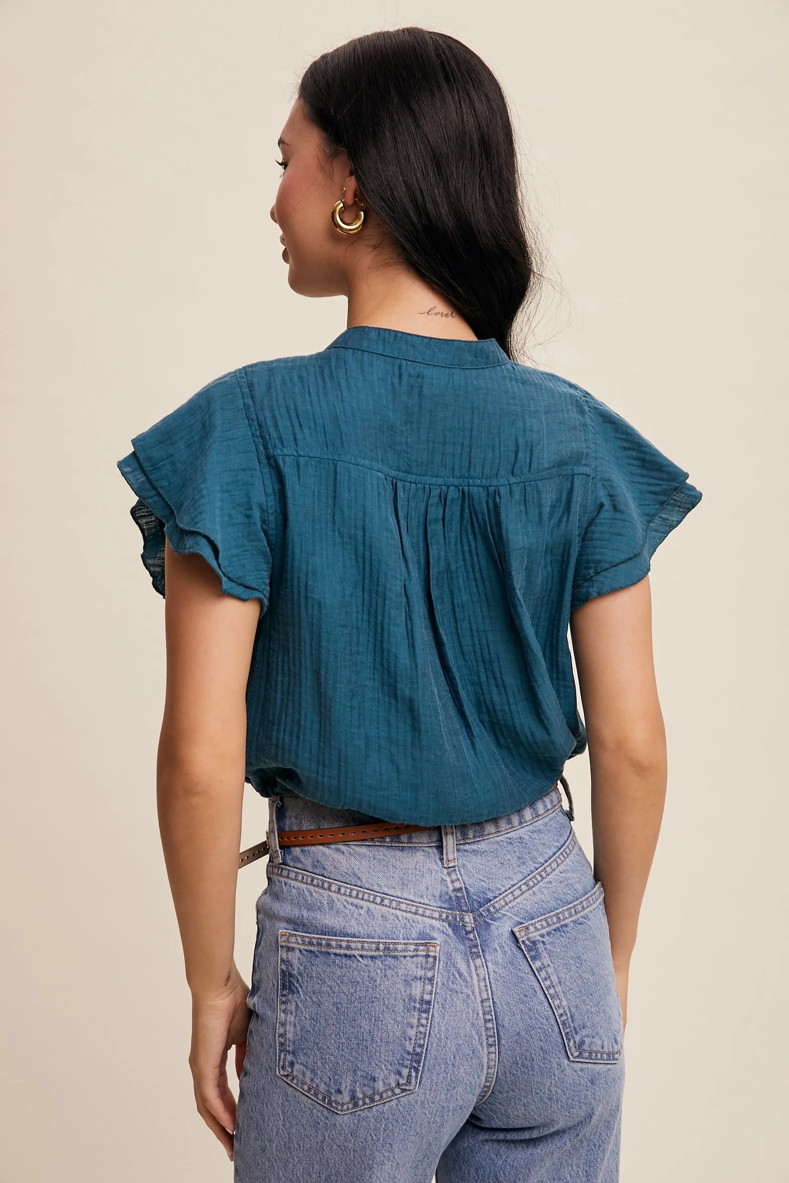 Teal Ruffled Button Front Tie Waist Blouse Top sold by Pinkblush product image thumbnail 5