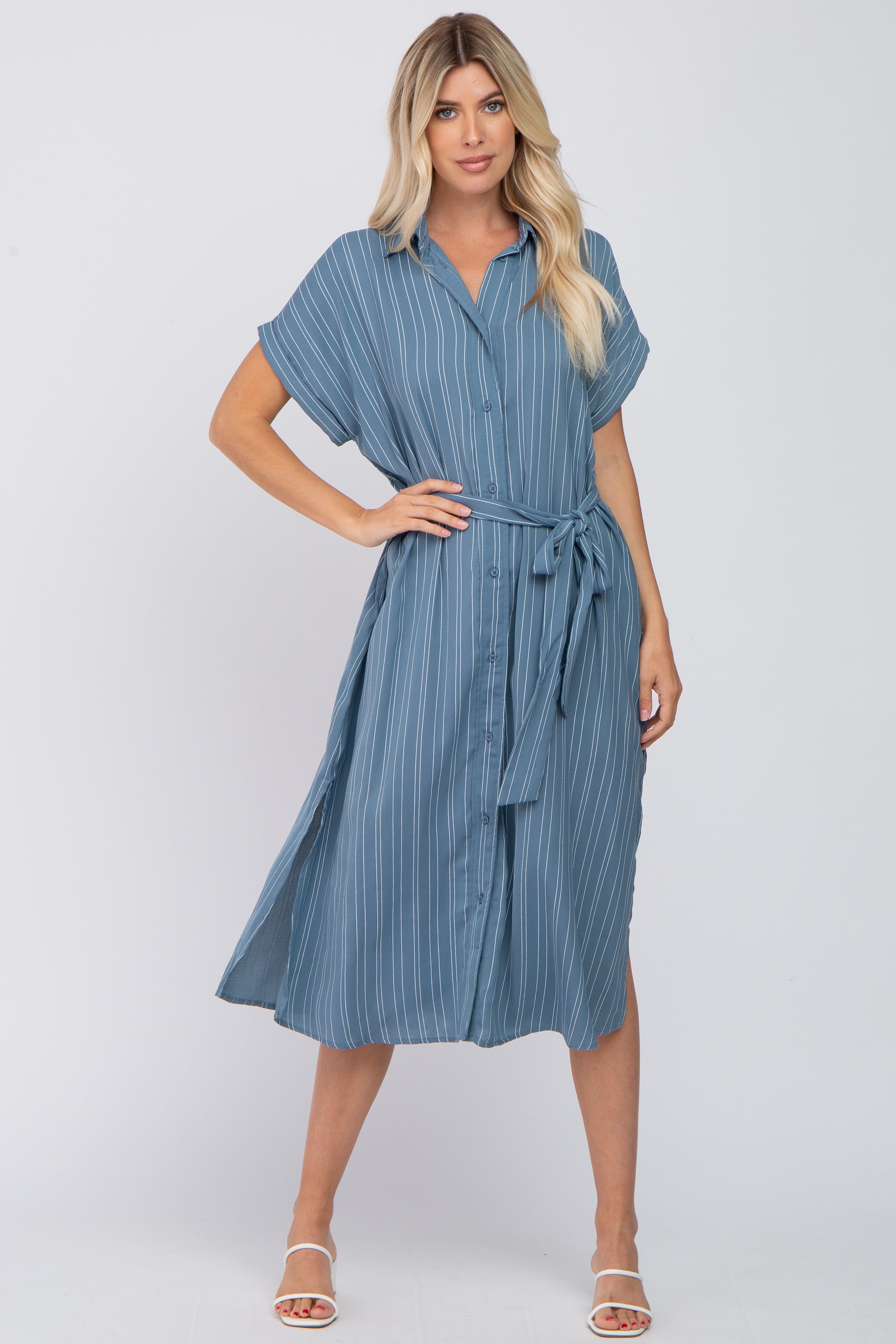 Navy Striped Button Down Waist Tie Maternity Midi Dress sold by Pinkblush product image thumbnail 4