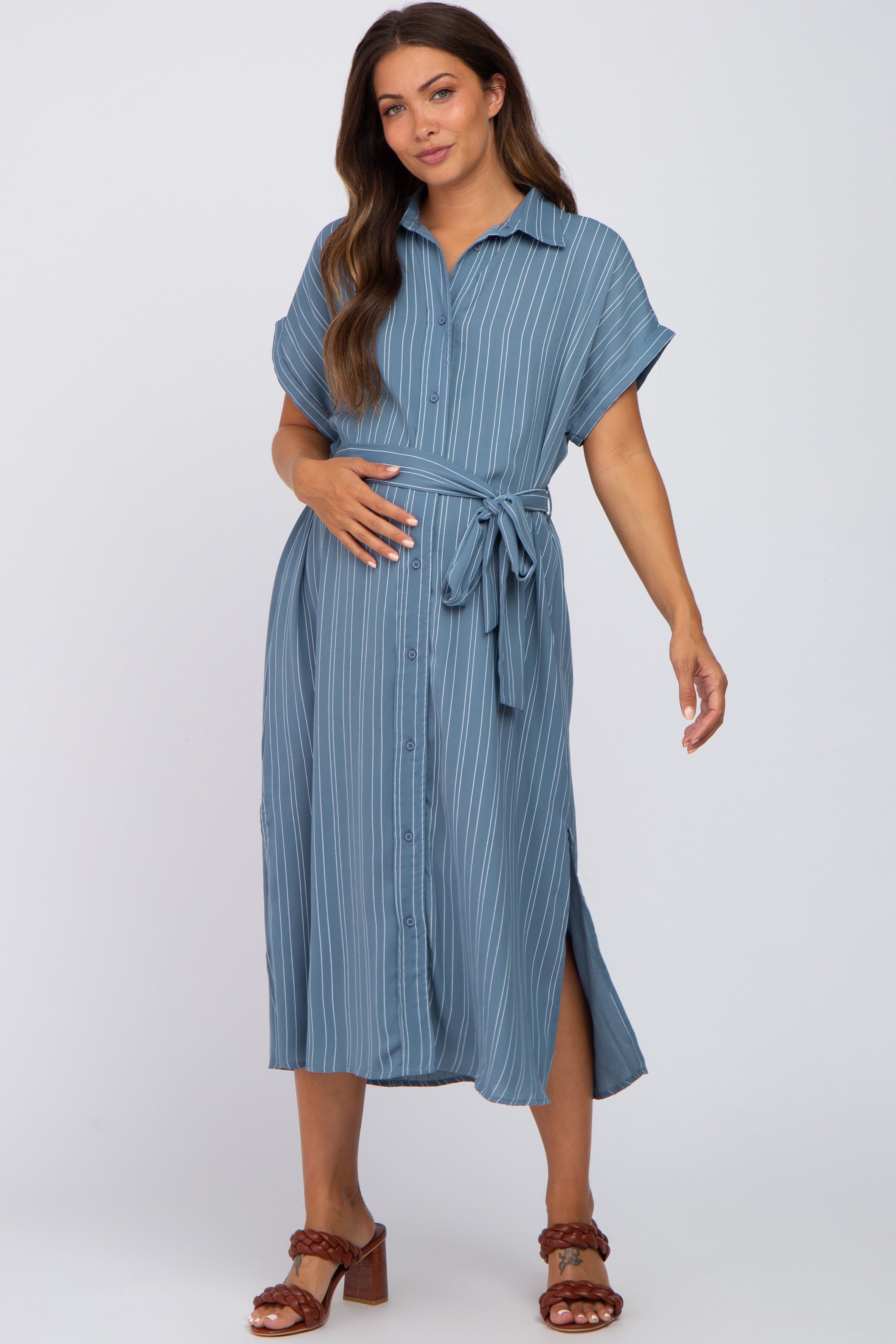 Navy Striped Button Down Waist Tie Maternity Midi Dress sold by Pinkblush