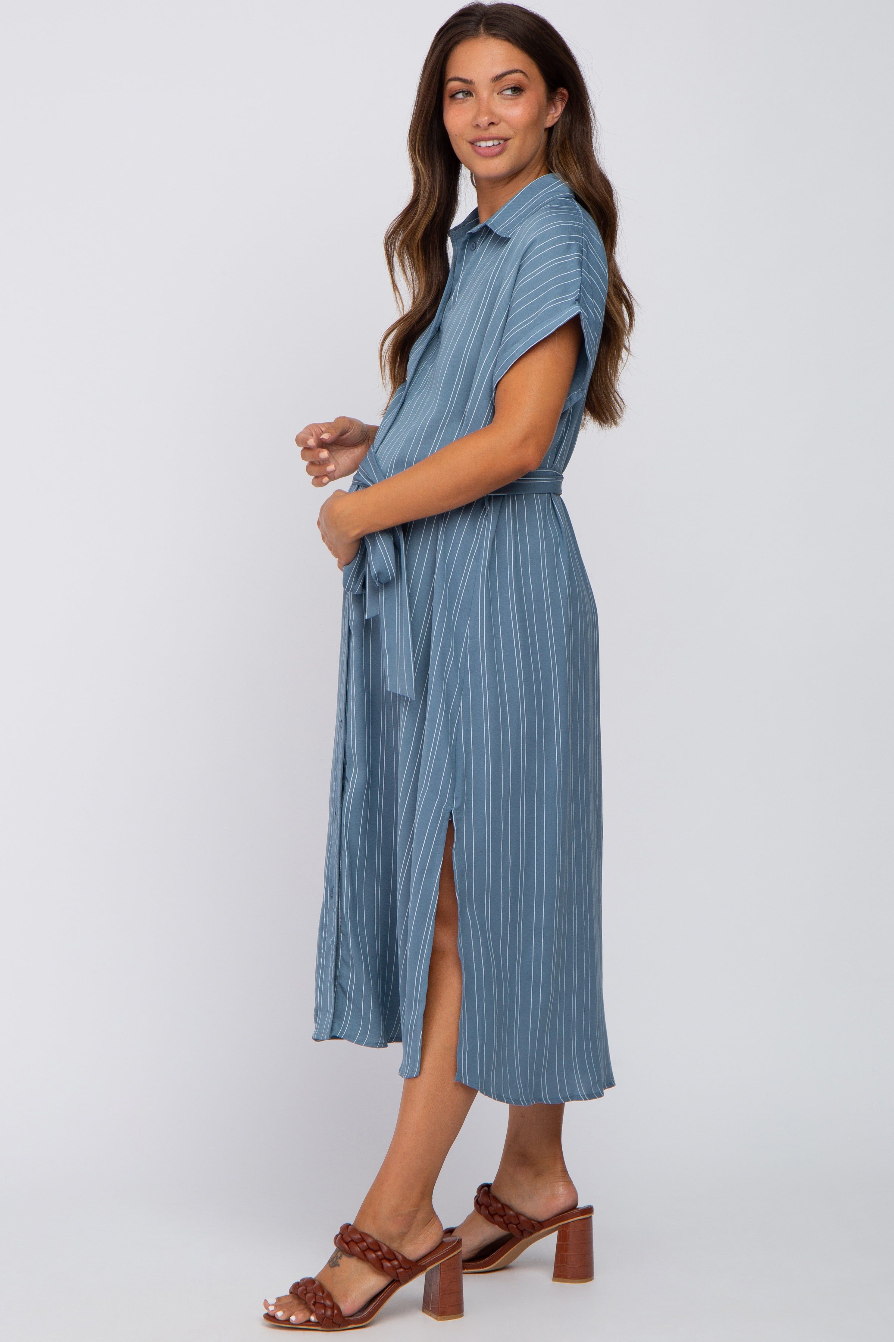 Navy Striped Button Down Waist Tie Maternity Midi Dress sold by Pinkblush product image thumbnail 2