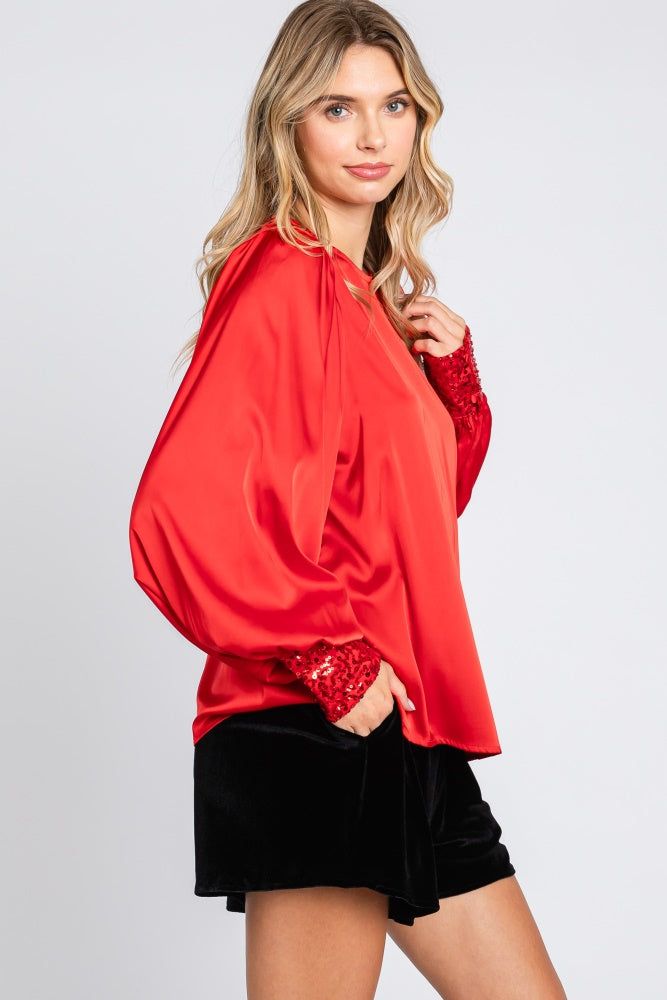 Red Satin Satin Sequin Cuff Blouse sold by Pinkblush product image thumbnail 2
