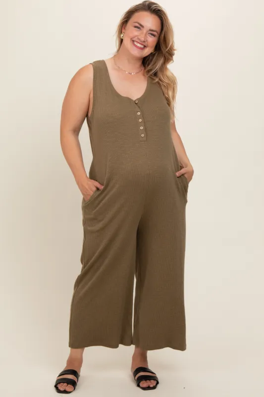 Olive Ribbed Button Front Sleeveless Plus Maternity Jumpsuit sold by Pinkblush
