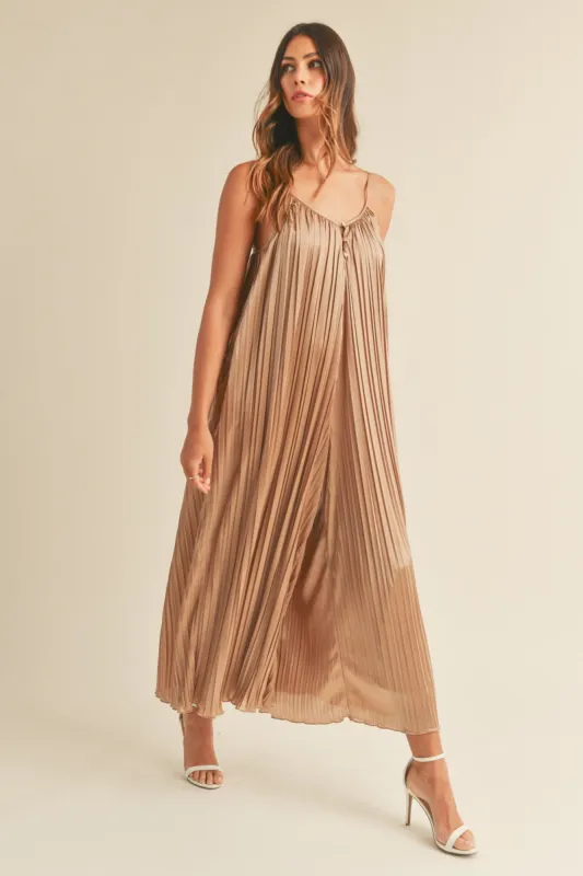 Mocha Pleated Wide Leg Sleeveless Jumpsuit sold by Pinkblush