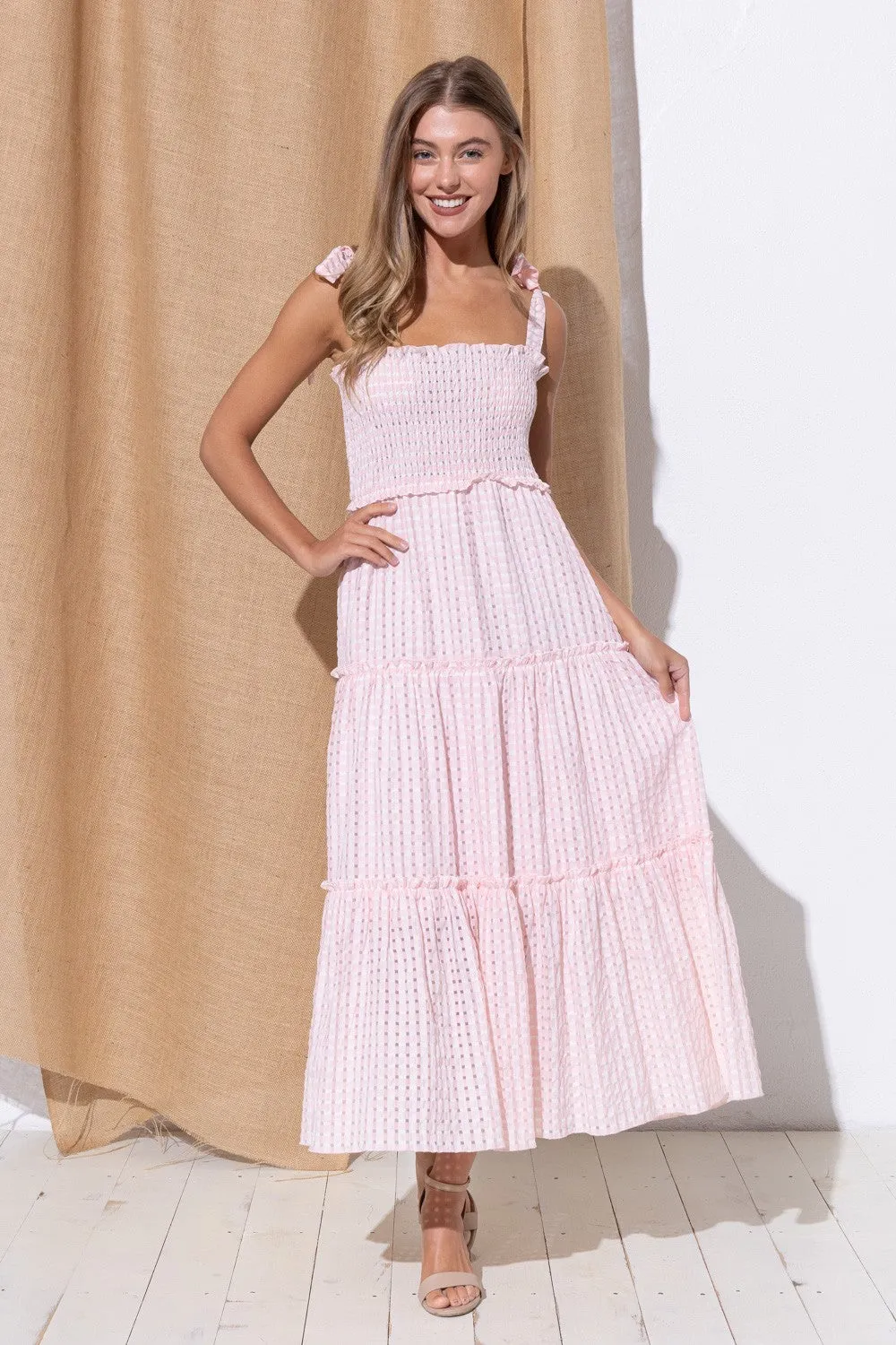 Pink Tiered Smocking Gingham Midi Dress sold by Pinkblush