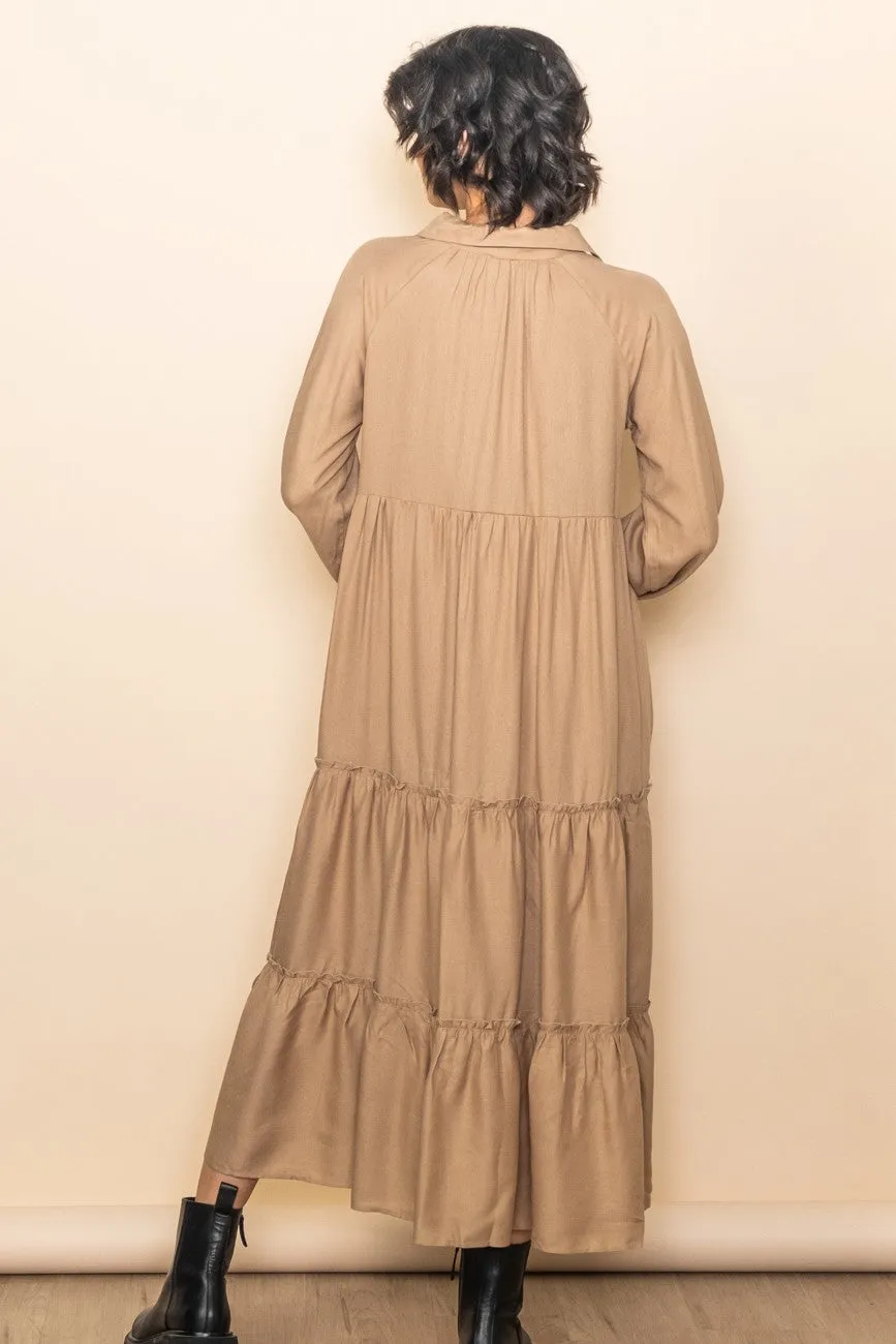 Taupe Button Front V-Neck Ruffle Tiered Midi Dress sold by Pinkblush product image thumbnail 3