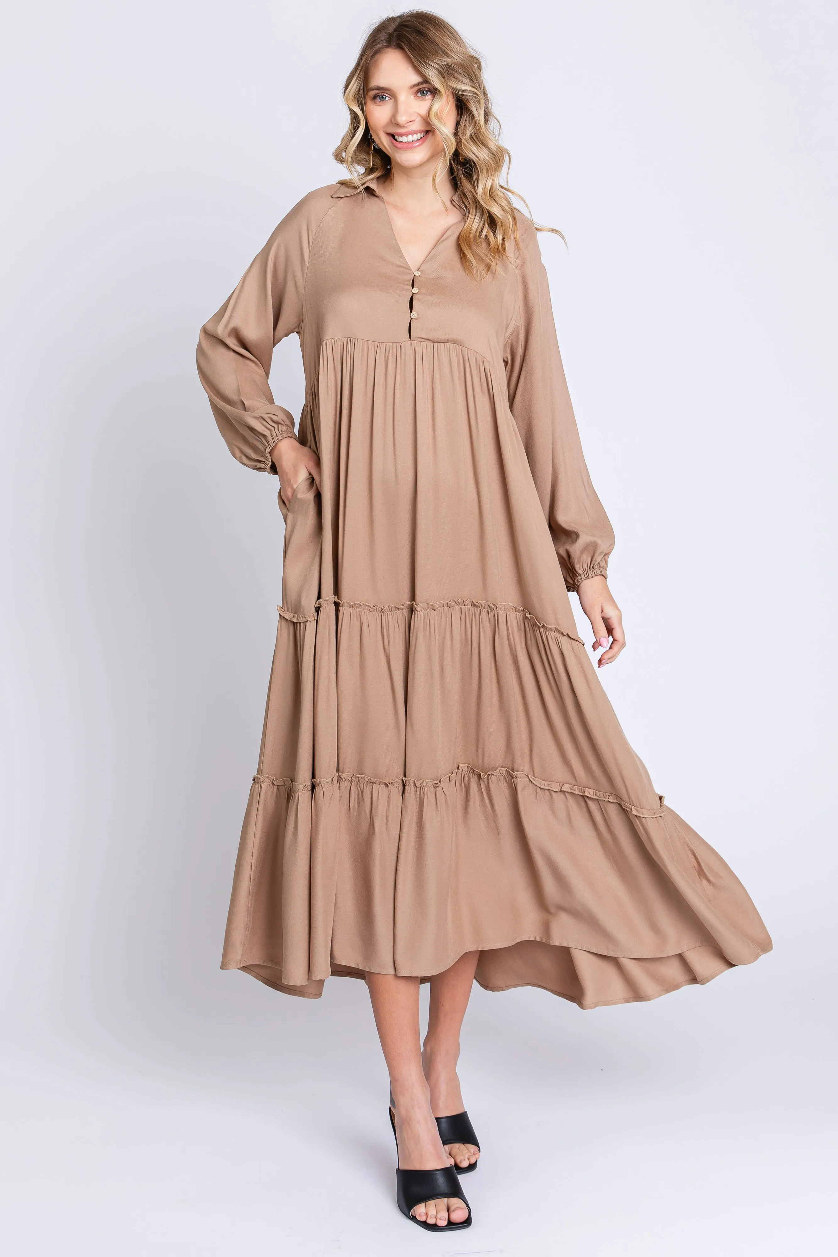 Taupe Button Front V-Neck Ruffle Tiered Midi Dress sold by Pinkblush product image thumbnail 4