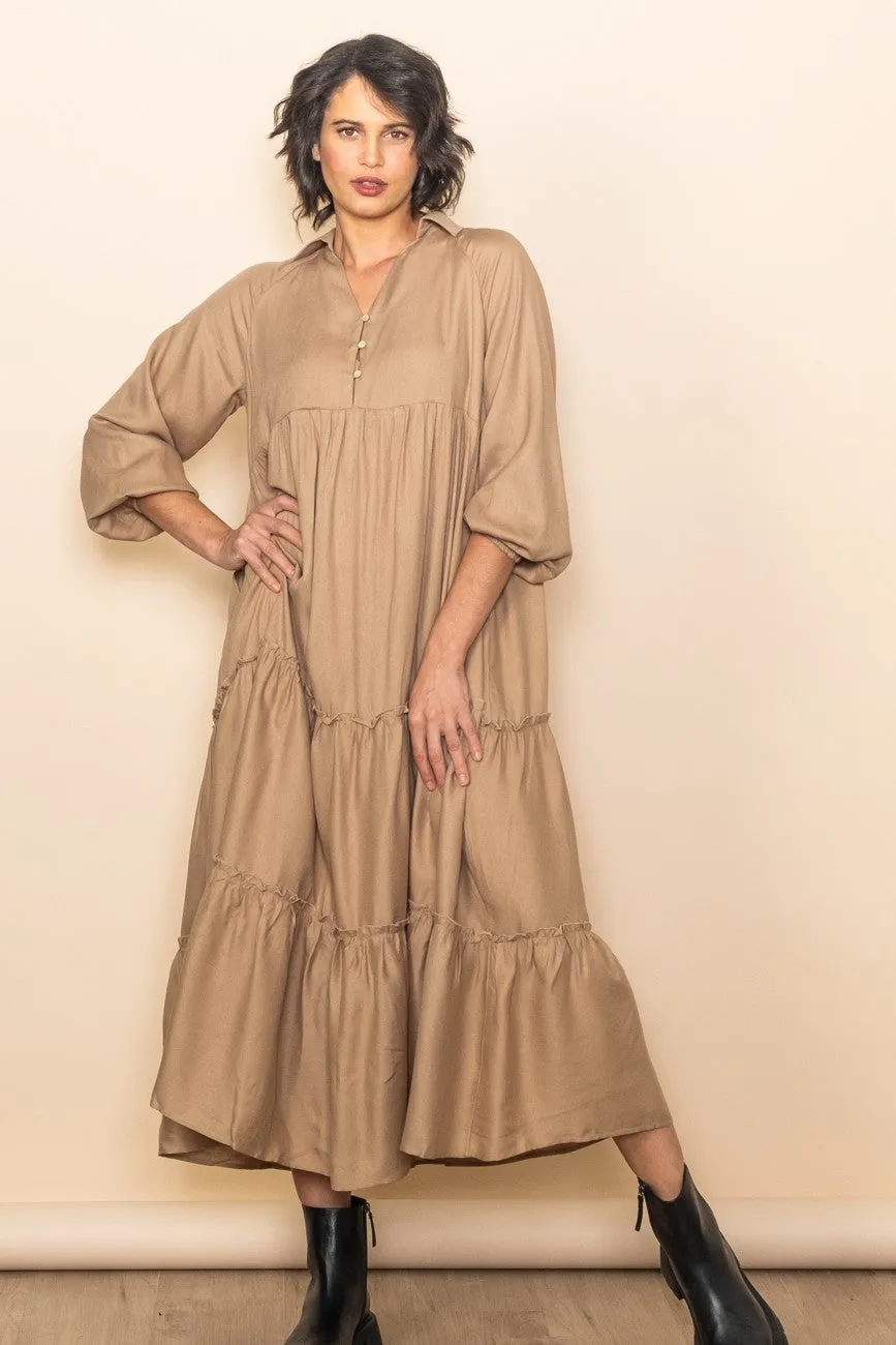 Taupe Button Front V-Neck Ruffle Tiered Midi Dress sold by Pinkblush
