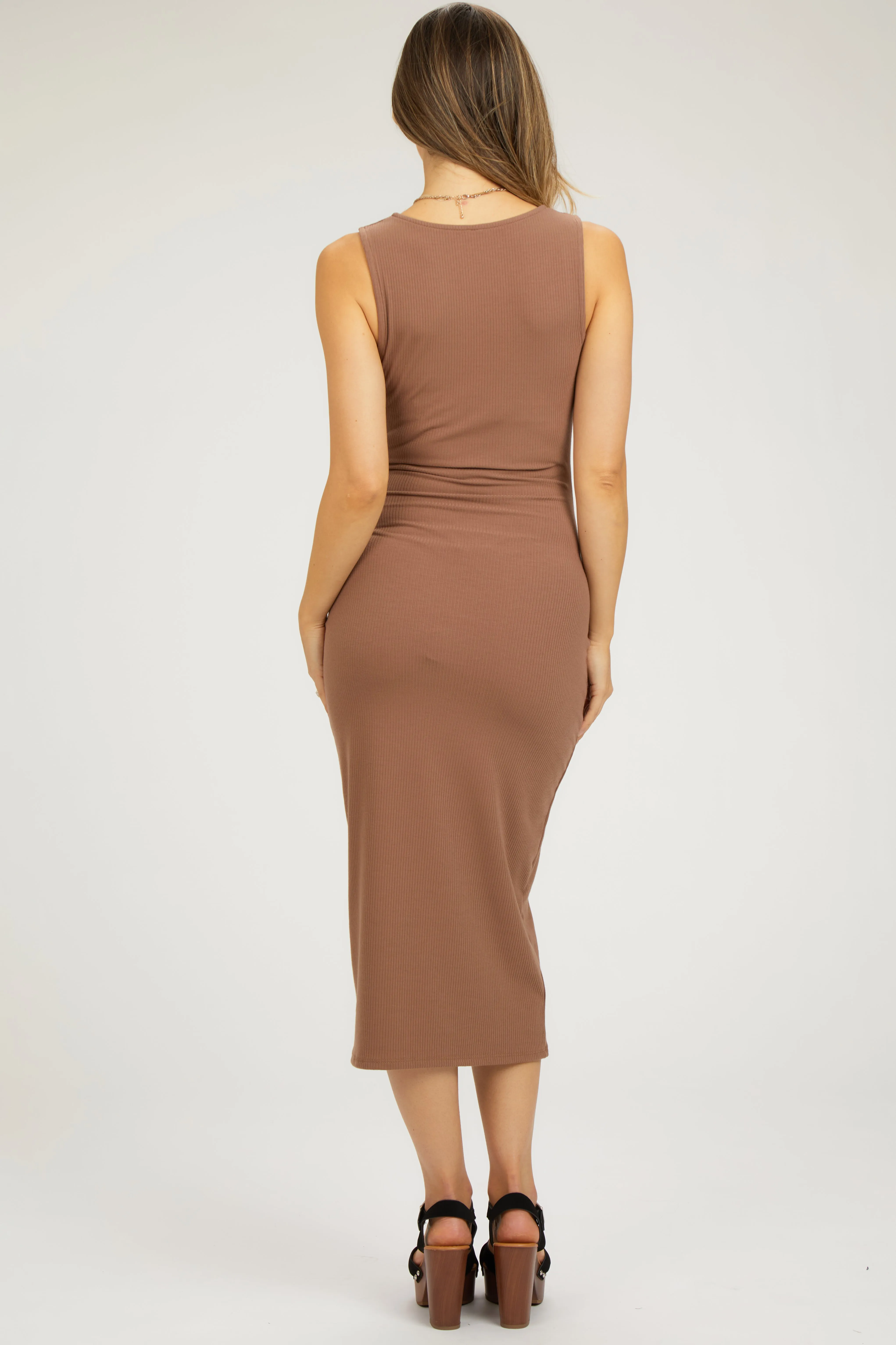 Mocha Ribbed Sweetheart Neck Maternity Midi Dress sold by Pinkblush product image thumbnail 3