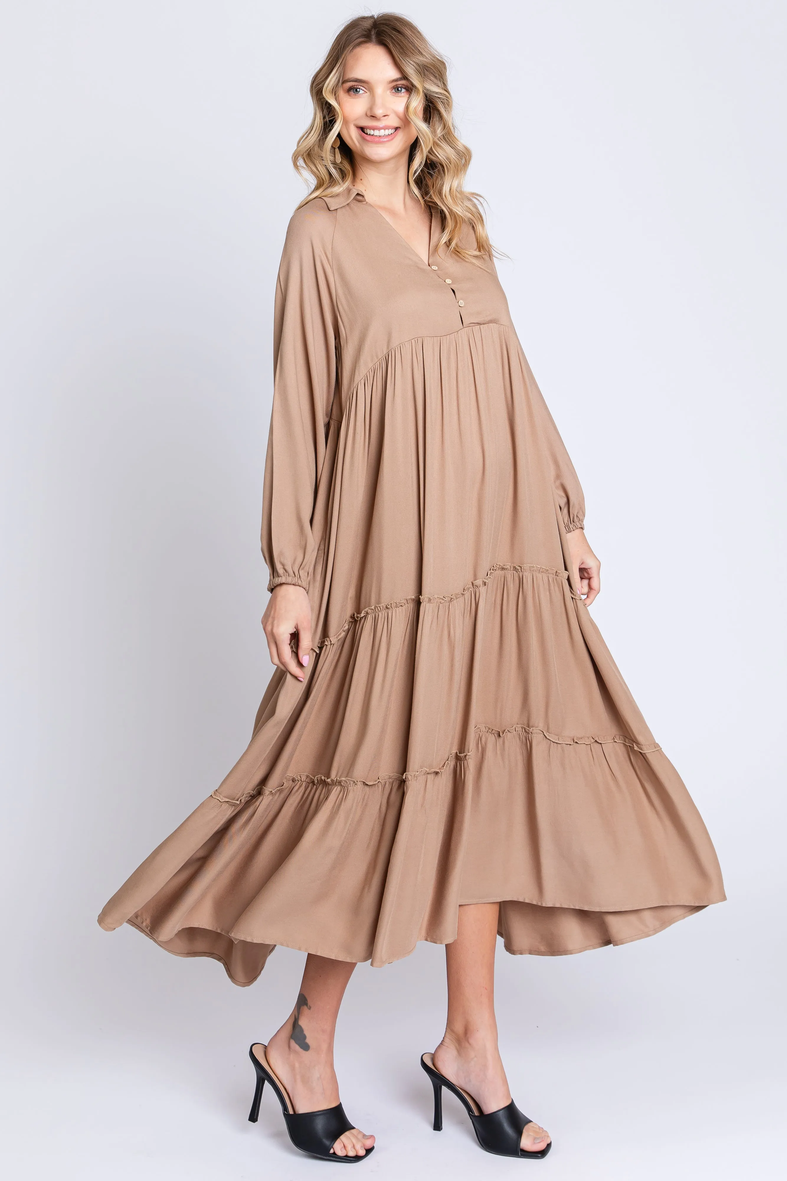 Taupe Button Front V-Neck Ruffle Tiered Midi Dress sold by Pinkblush product image thumbnail 5