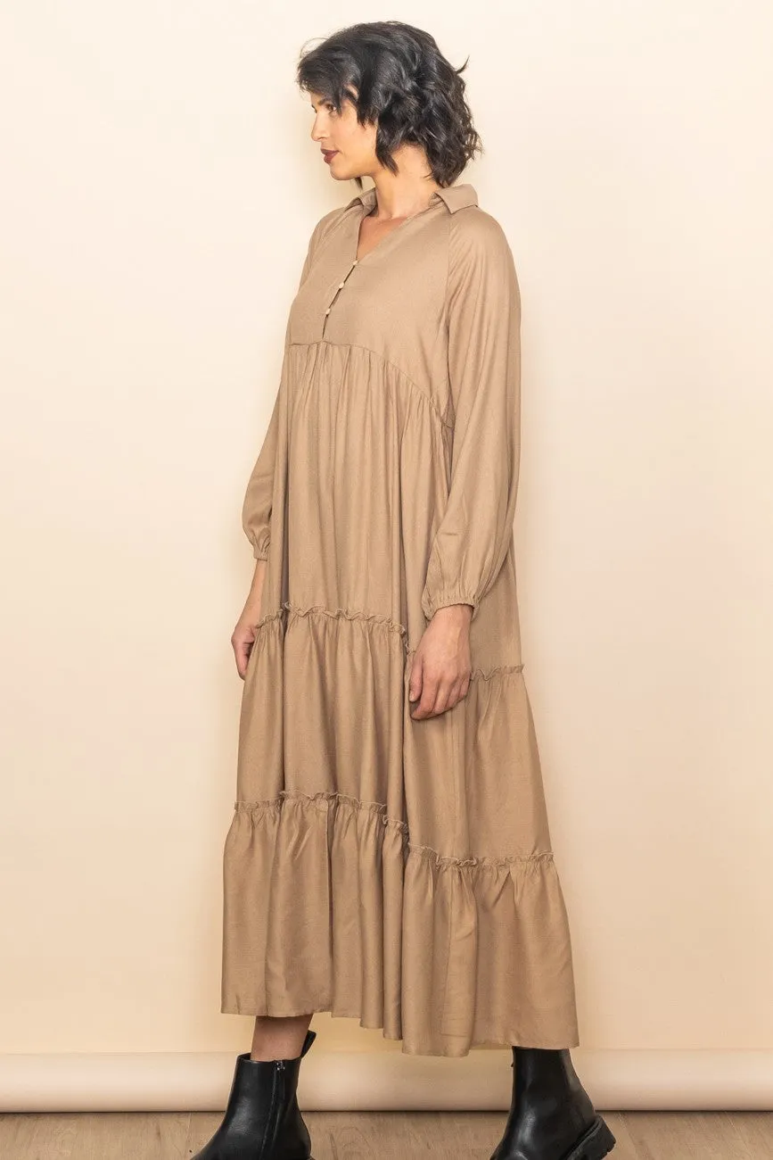 Taupe Button Front V-Neck Ruffle Tiered Midi Dress sold by Pinkblush product image thumbnail 2